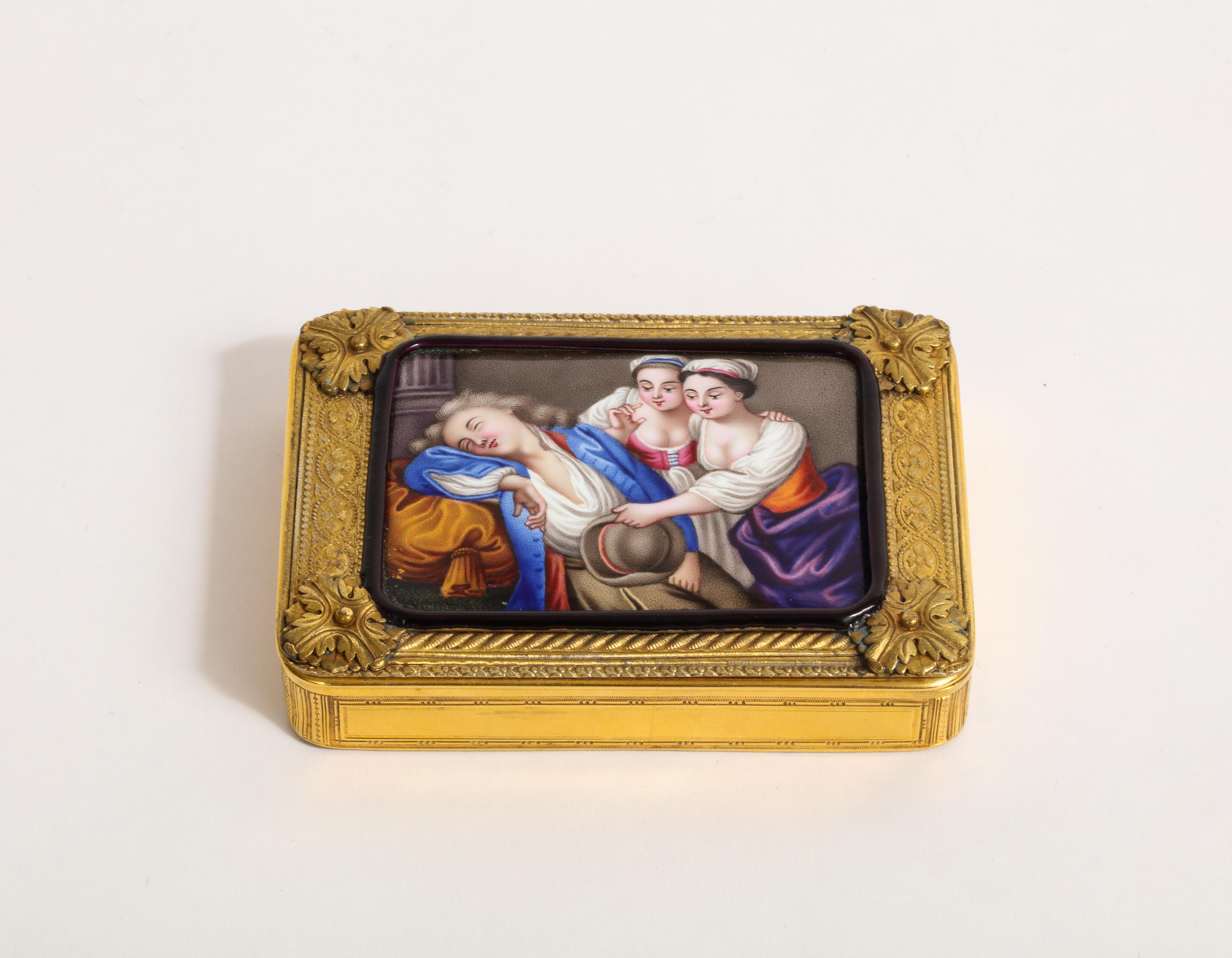 Gold & enamel snuff box

Circa 19th century, European 

Weight: 132.8 grams

Dimensions: Approximately 3.25 in x 0.44 in x 2.25 in.