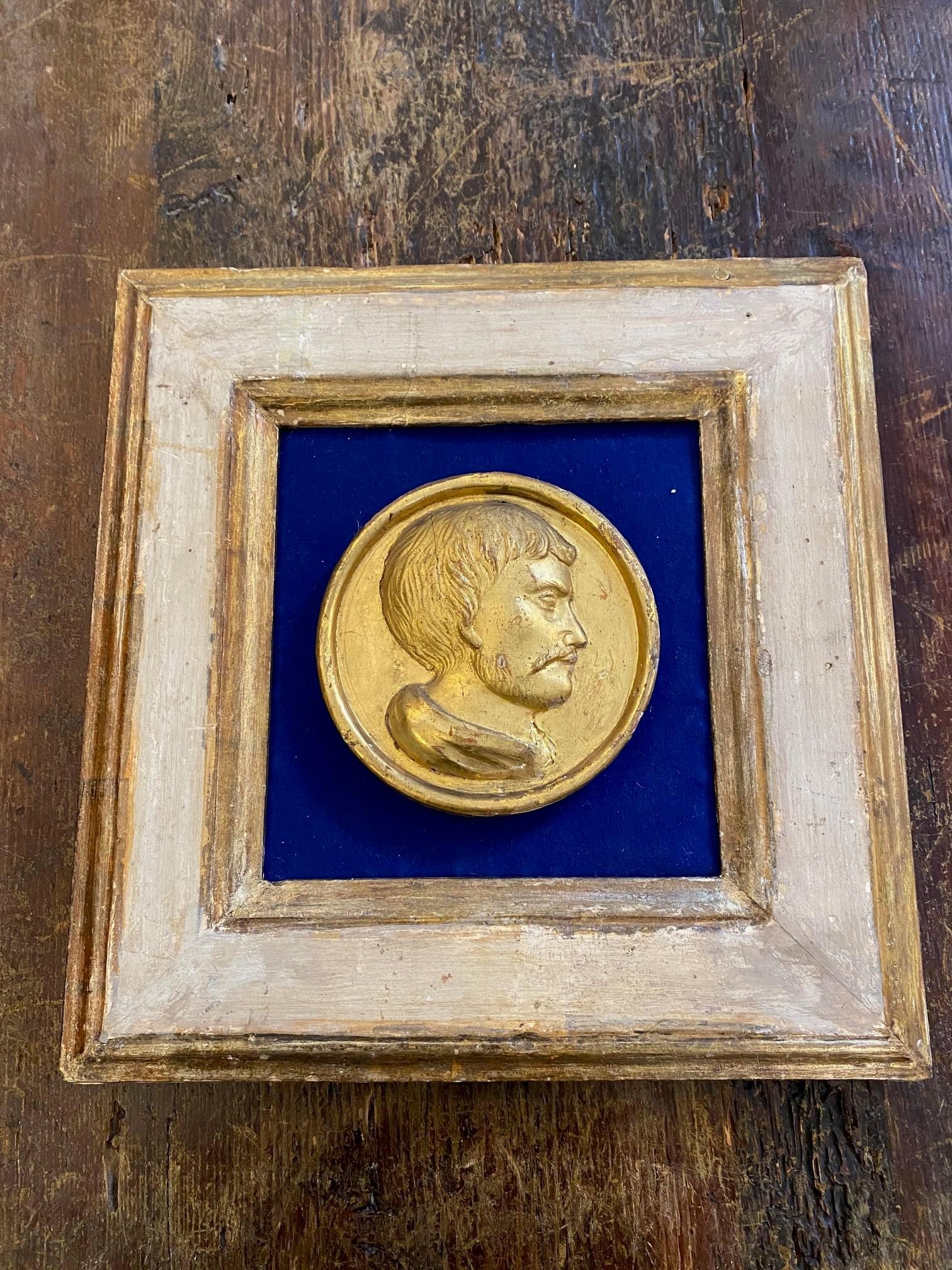 Giltwood 19th Century Gold Framed Gilded Wood Male Profile Medallion