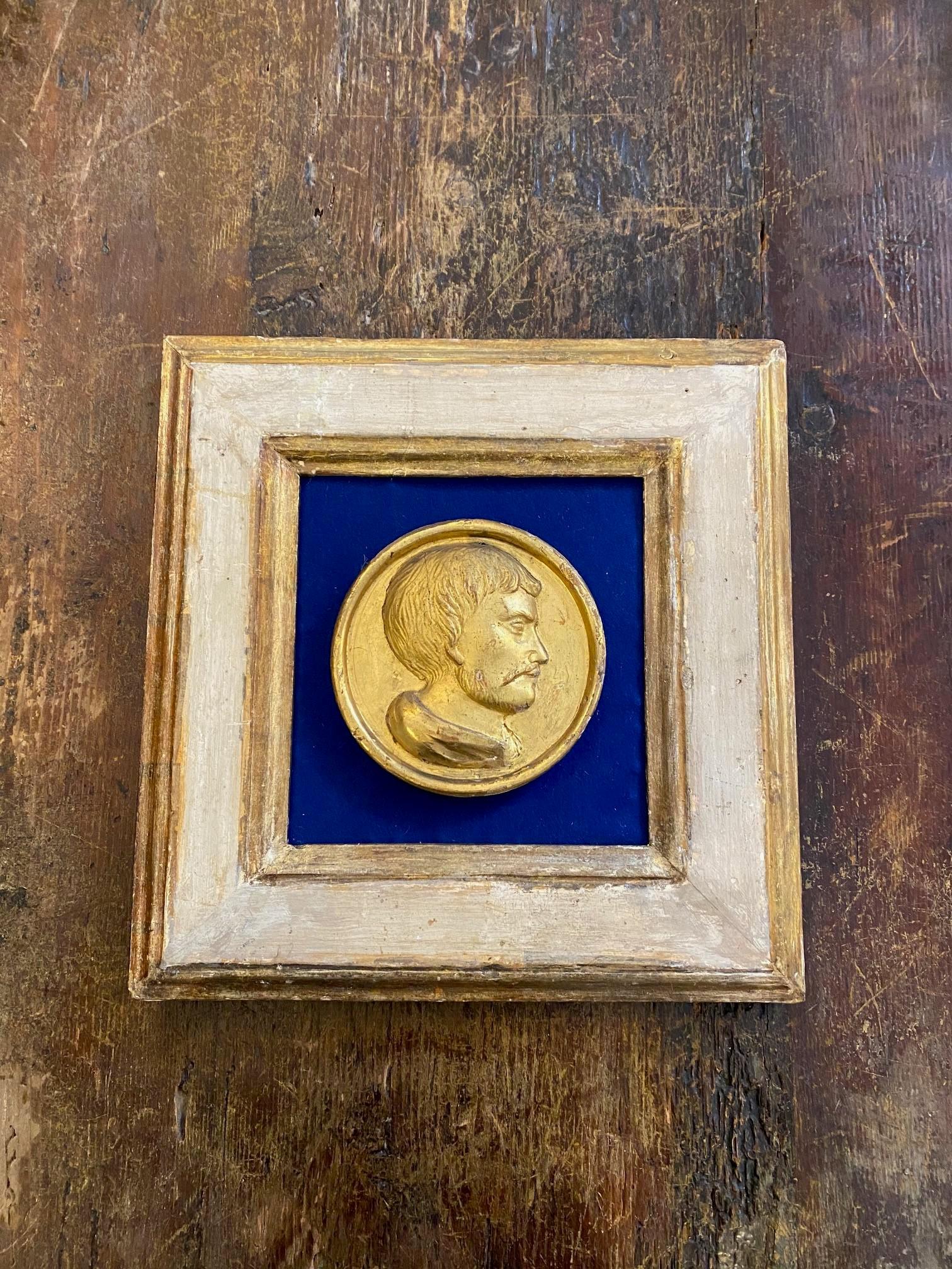 19th Century Gold Framed Gilded Wood Male Profile Medallion 1