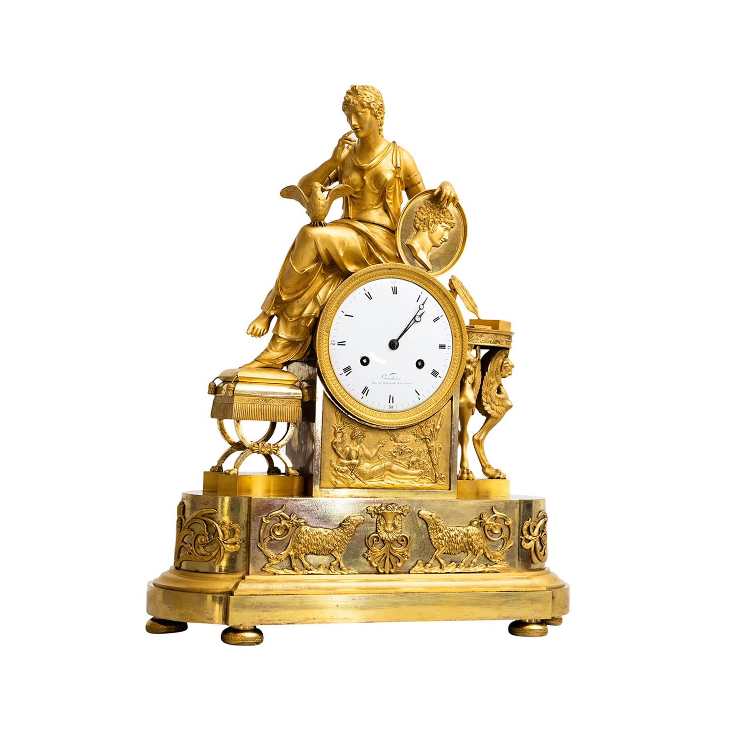 Fired 19th Century Gold French Empire Gilded Bronze Table Clock, Antique Pendule For Sale