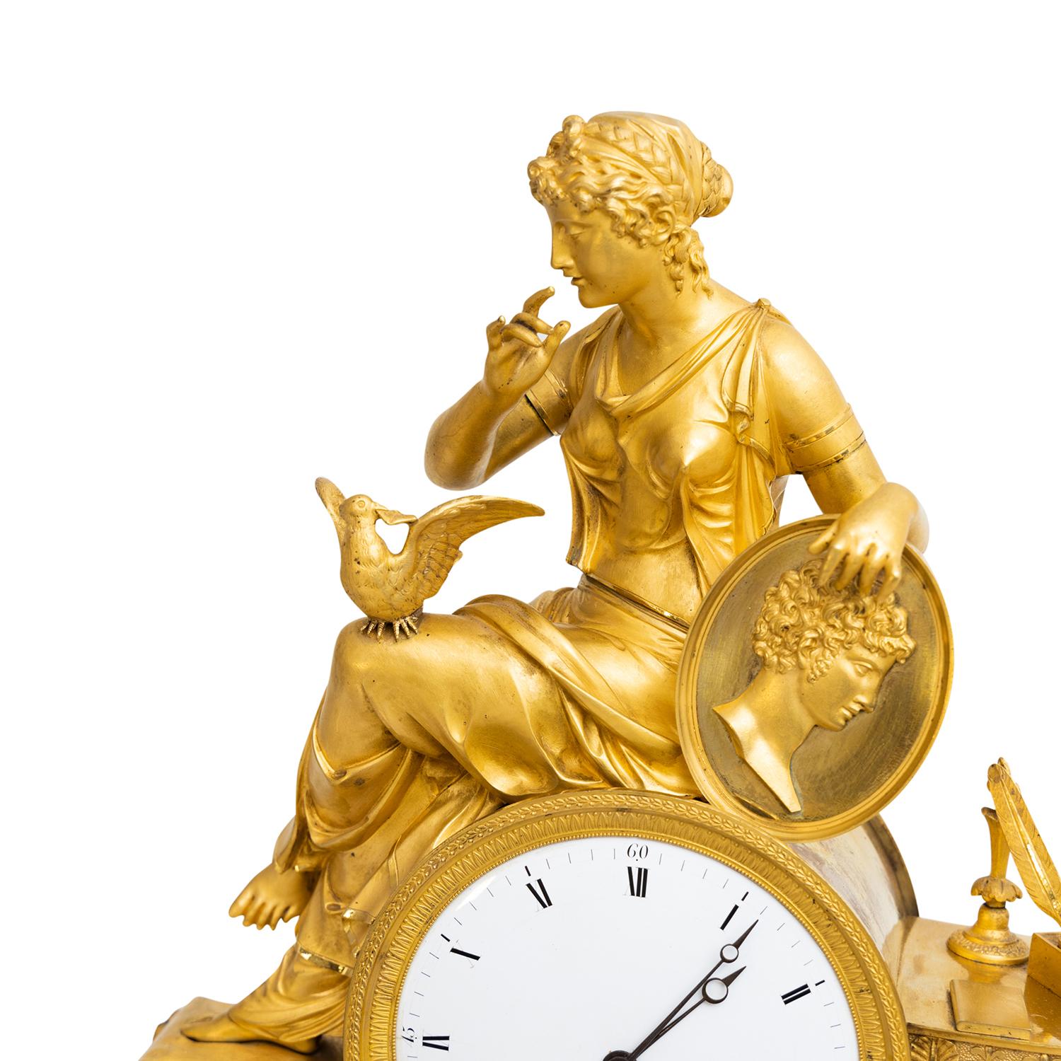 19th Century Gold French Empire Gilded Bronze Table Clock, Antique Pendule In Good Condition For Sale In West Palm Beach, FL