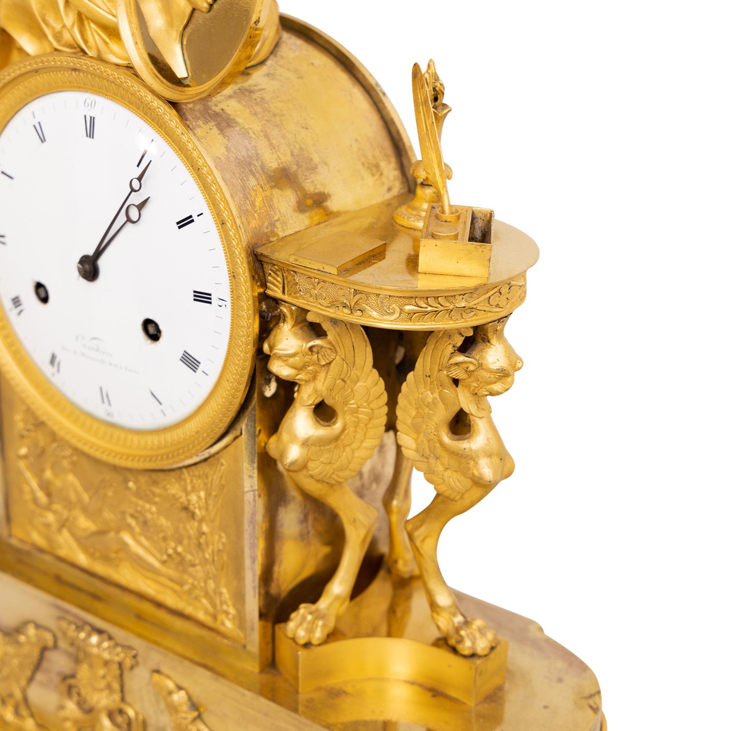 19th Century Gold French Empire Gilded Bronze Table Clock, Antique Pendule For Sale 2