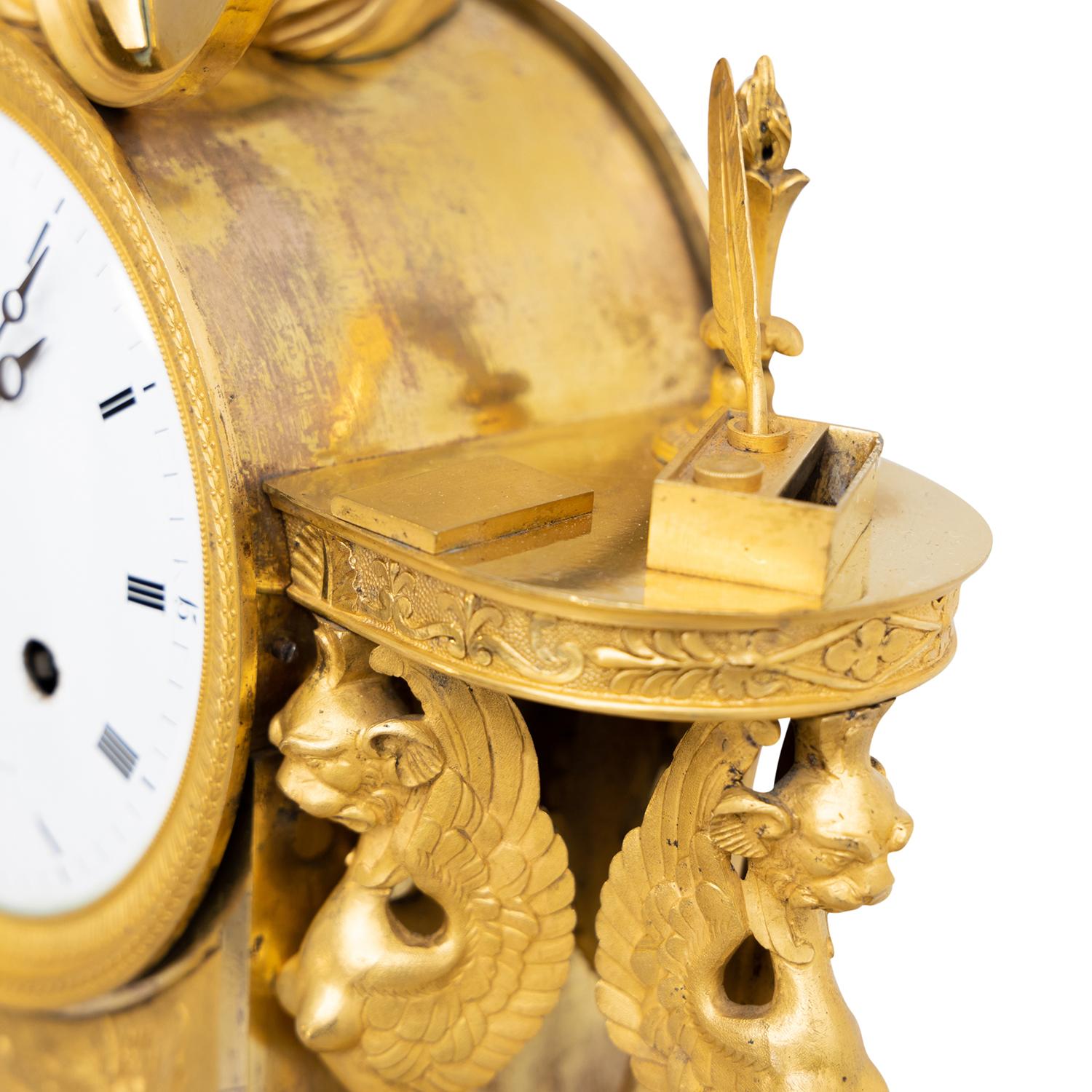 19th Century Gold French Empire Gilded Bronze Table Clock, Antique Pendule For Sale 4