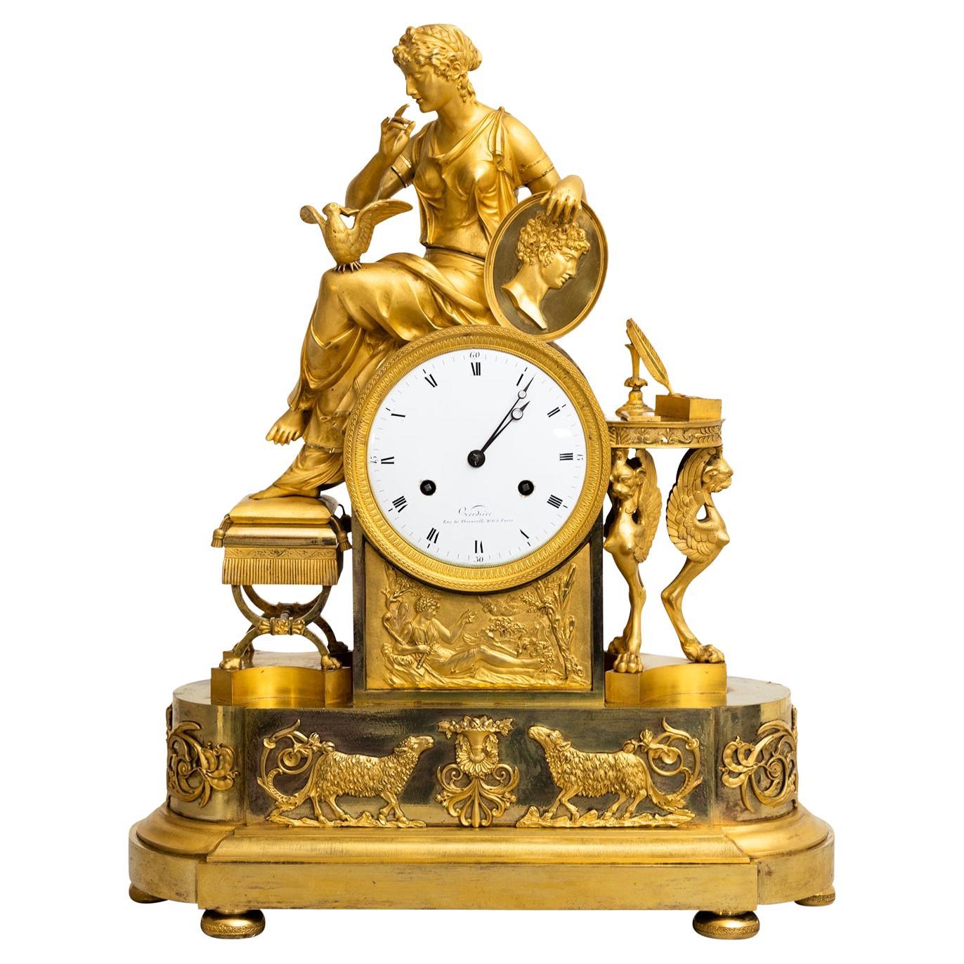19th Century Gold French Empire Gilded Bronze Table Clock, Antique Pendule