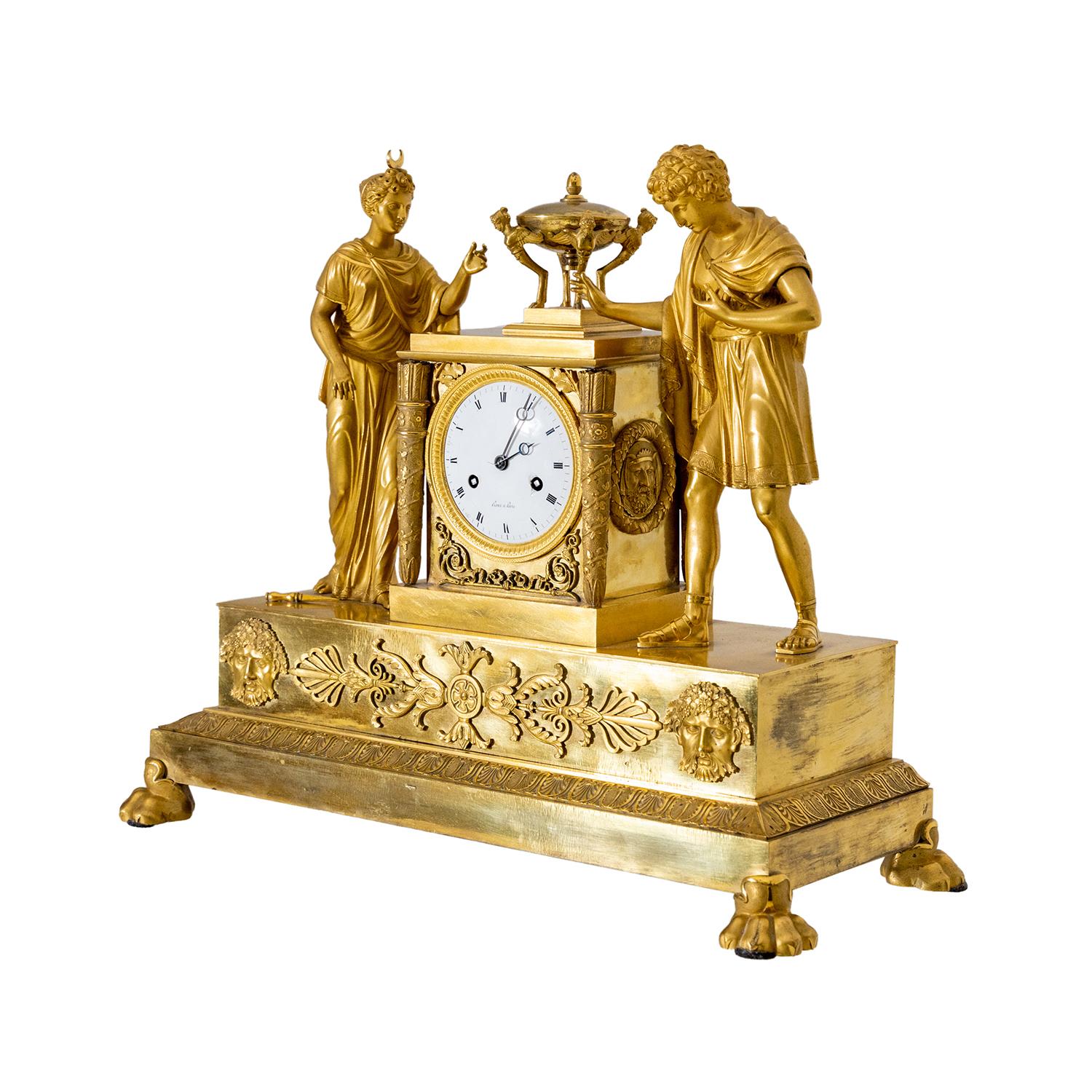Fired 19th Century Gold French Empire Gilded Bronze Table Clock, Antique Pendulum For Sale