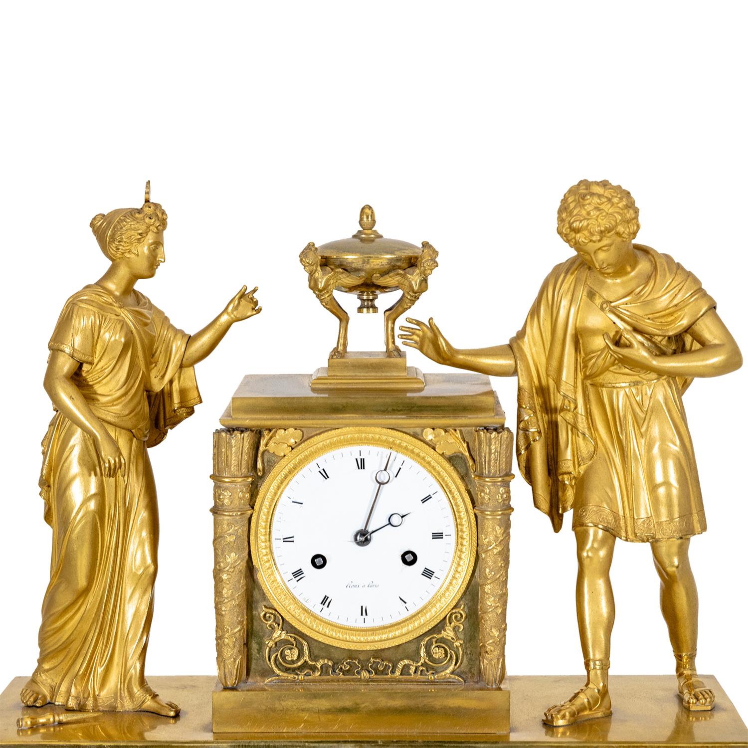 19th Century Gold French Empire Gilded Bronze Table Clock, Antique Pendulum In Good Condition For Sale In West Palm Beach, FL
