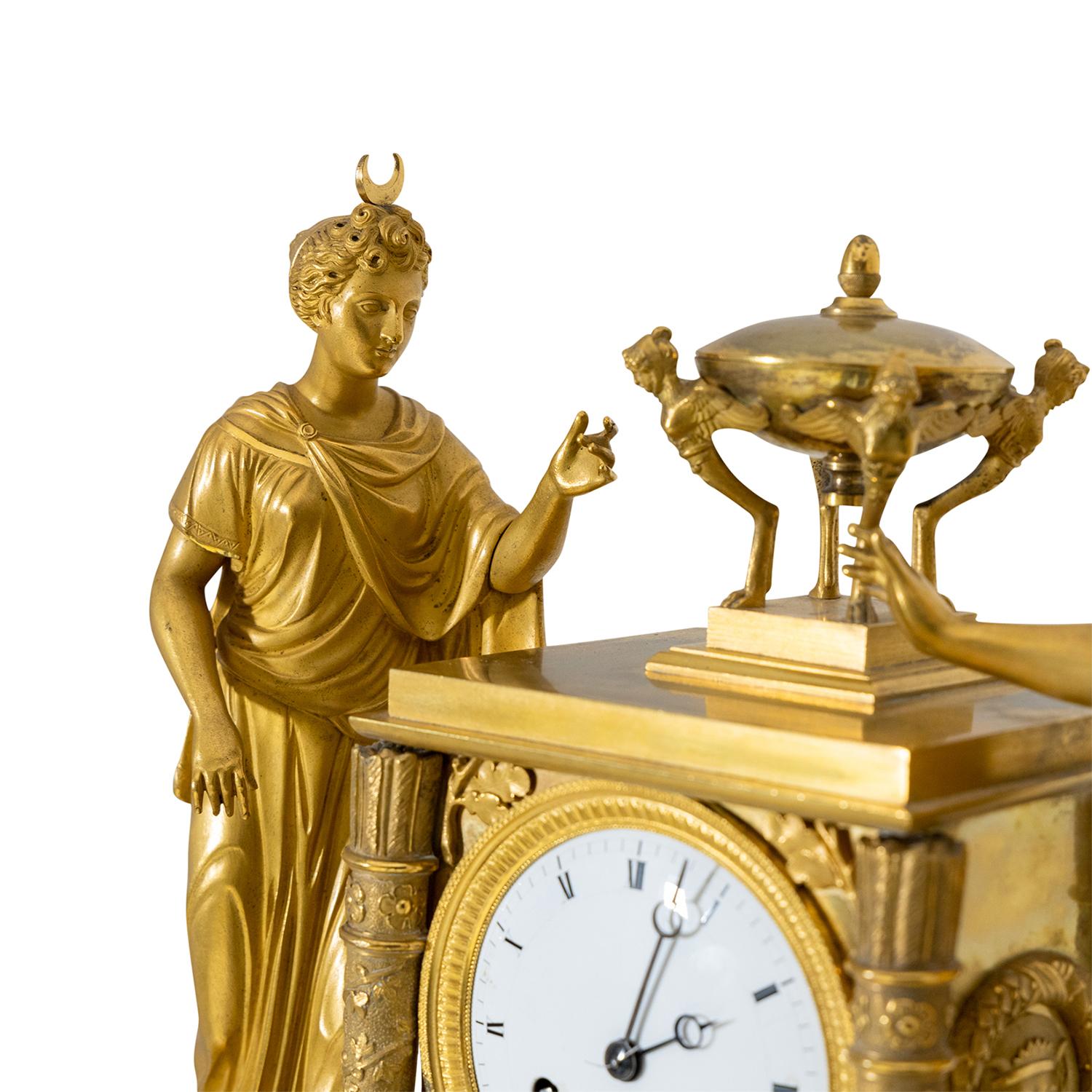 Metal 19th Century Gold French Empire Gilded Bronze Table Clock, Antique Pendulum For Sale