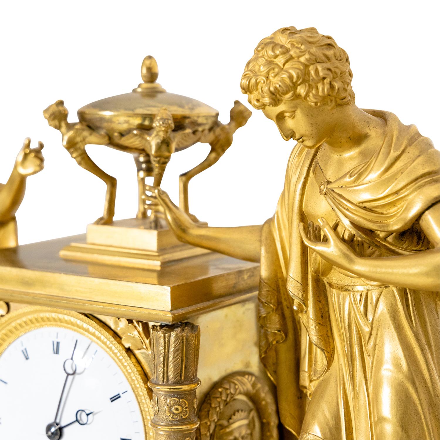 19th Century Gold French Empire Gilded Bronze Table Clock, Antique Pendulum For Sale 1