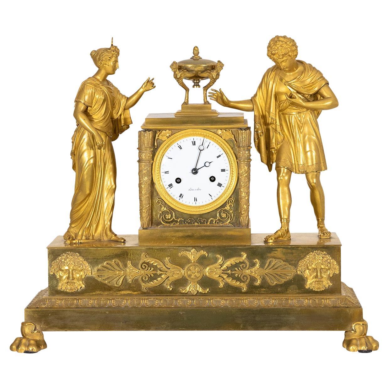 19th Century Gold French Empire Gilded Bronze Table Clock, Antique Pendulum For Sale