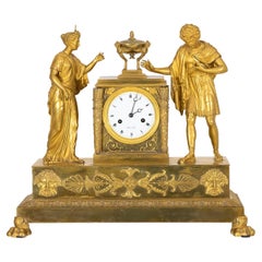 19th Century Gold French Empire Gilded Bronze Table Clock, Antique Pendulum