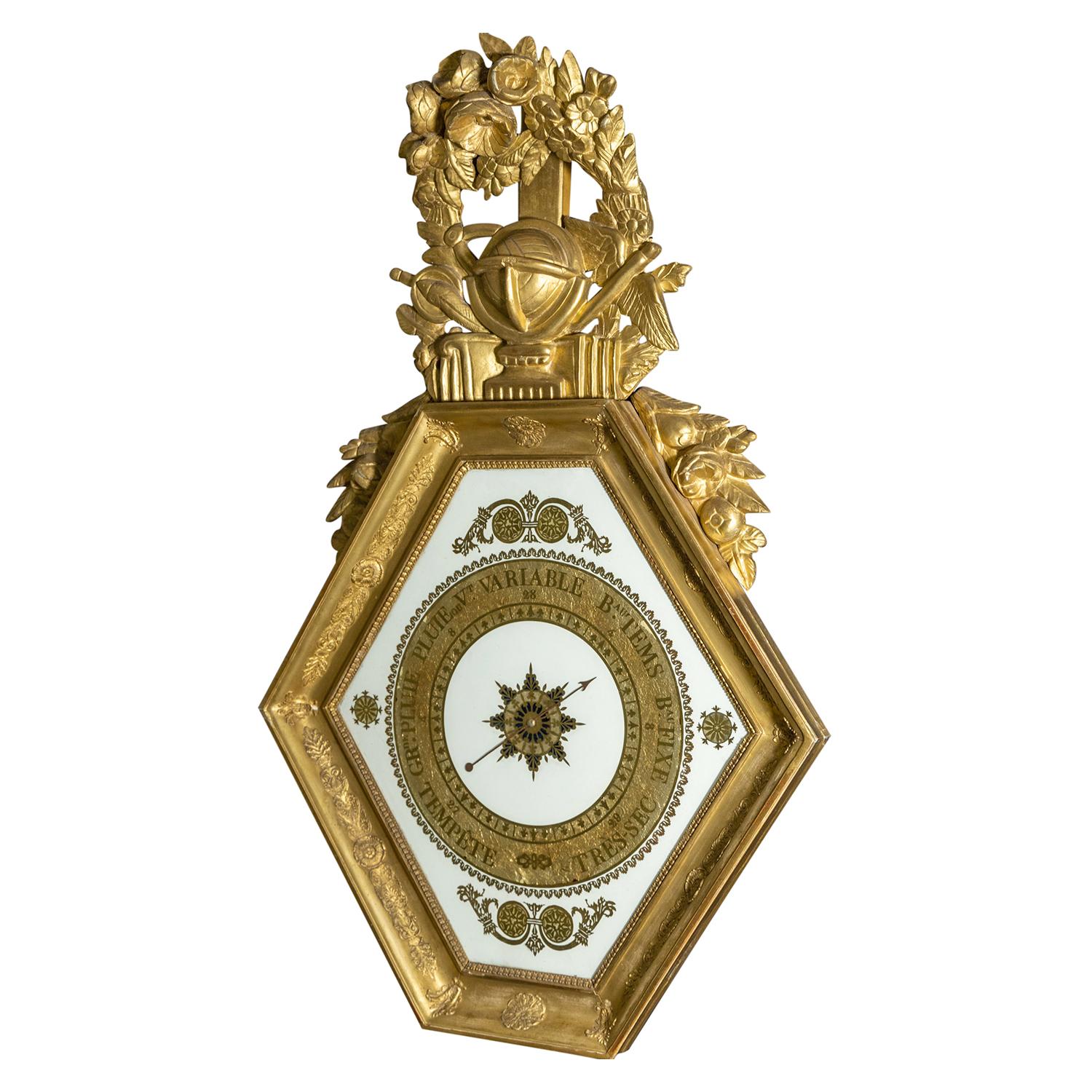 Hand-Carved 19th Century Gold French Empire Hexagonal Giltwood Verre Églomisé Barometer For Sale