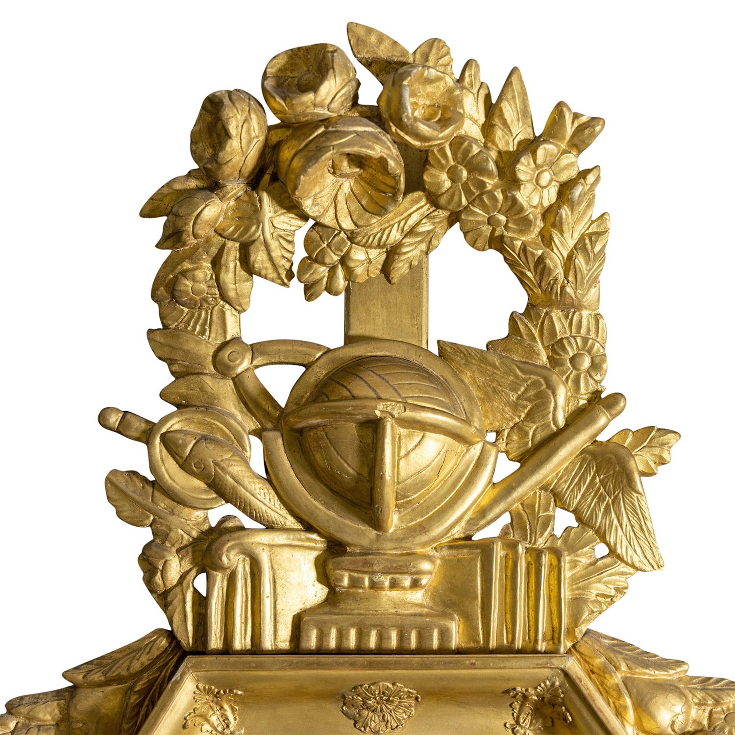 19th Century Gold French Empire Hexagonal Giltwood Verre Églomisé Barometer For Sale 1