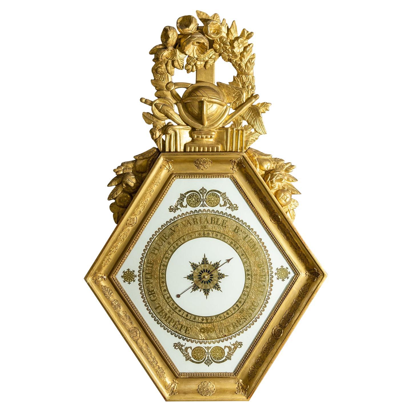 Baromètre Empire français en or du 19e siècle, hexagonal en bois doré Verre Églomisé