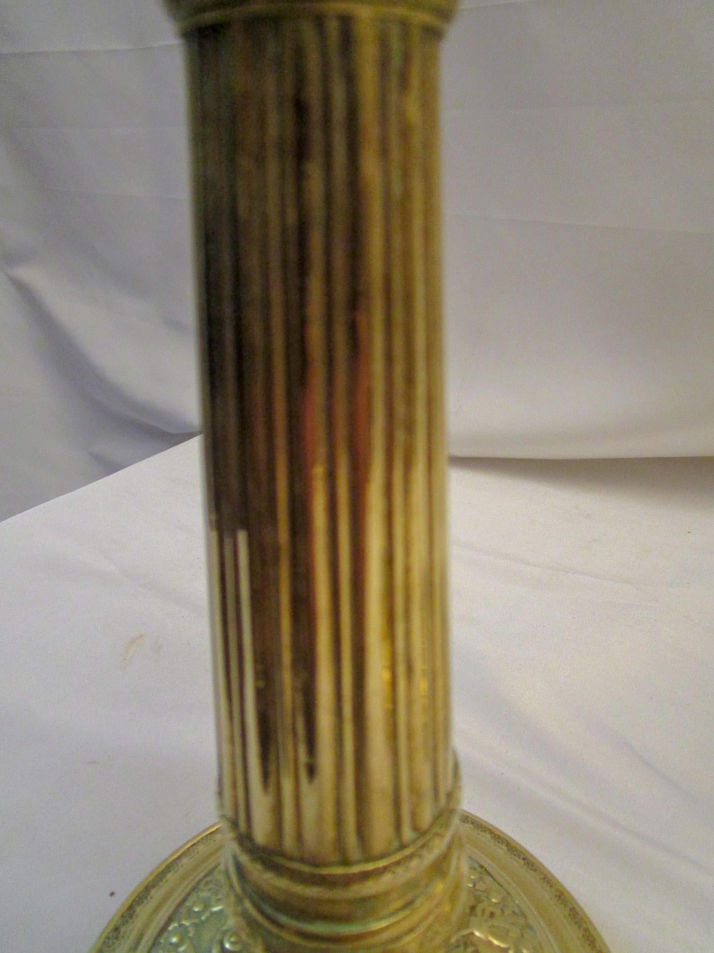 18th Century 19th Century Gold French Empire Pair of Embossed Brass Candlesticks For Sale