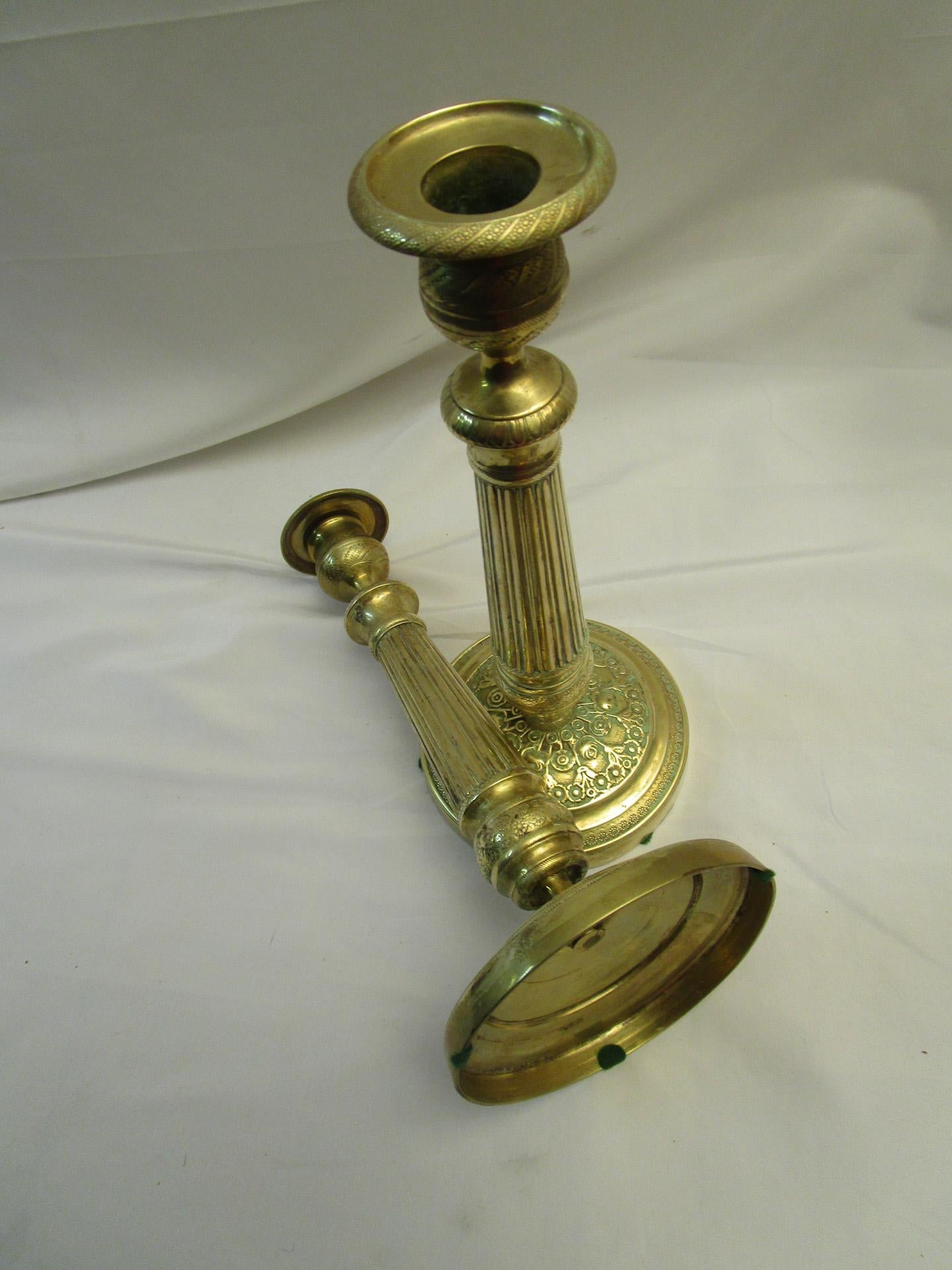 19th Century Gold French Empire Pair of Embossed Brass Candlesticks For Sale 1