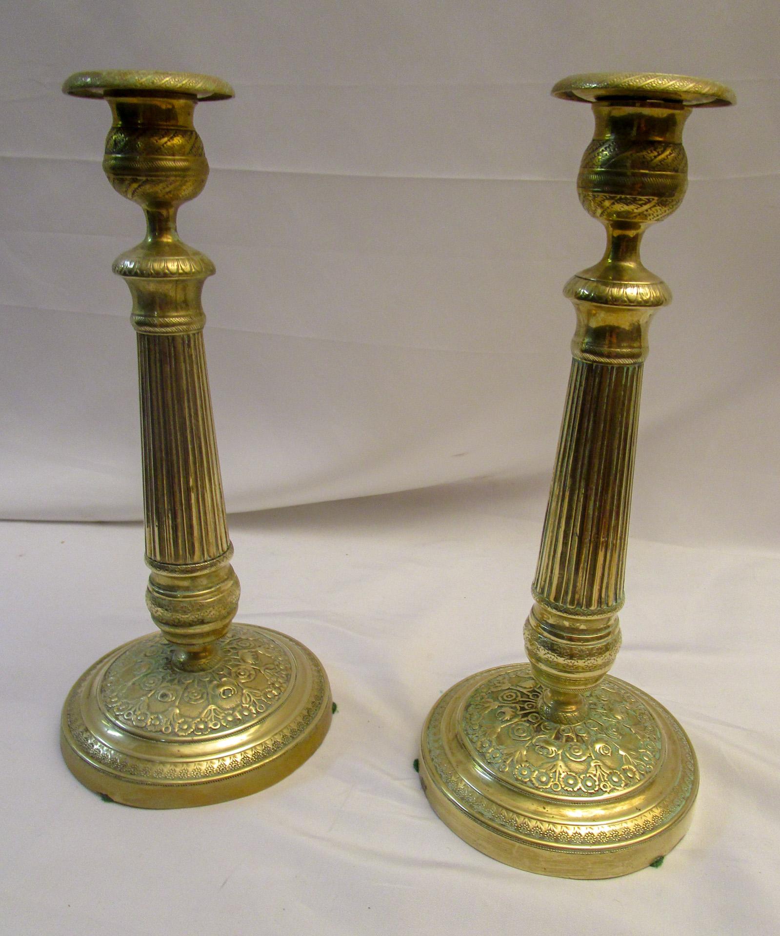 19th Century Gold French Empire Pair of Embossed Brass Candlesticks For Sale 5