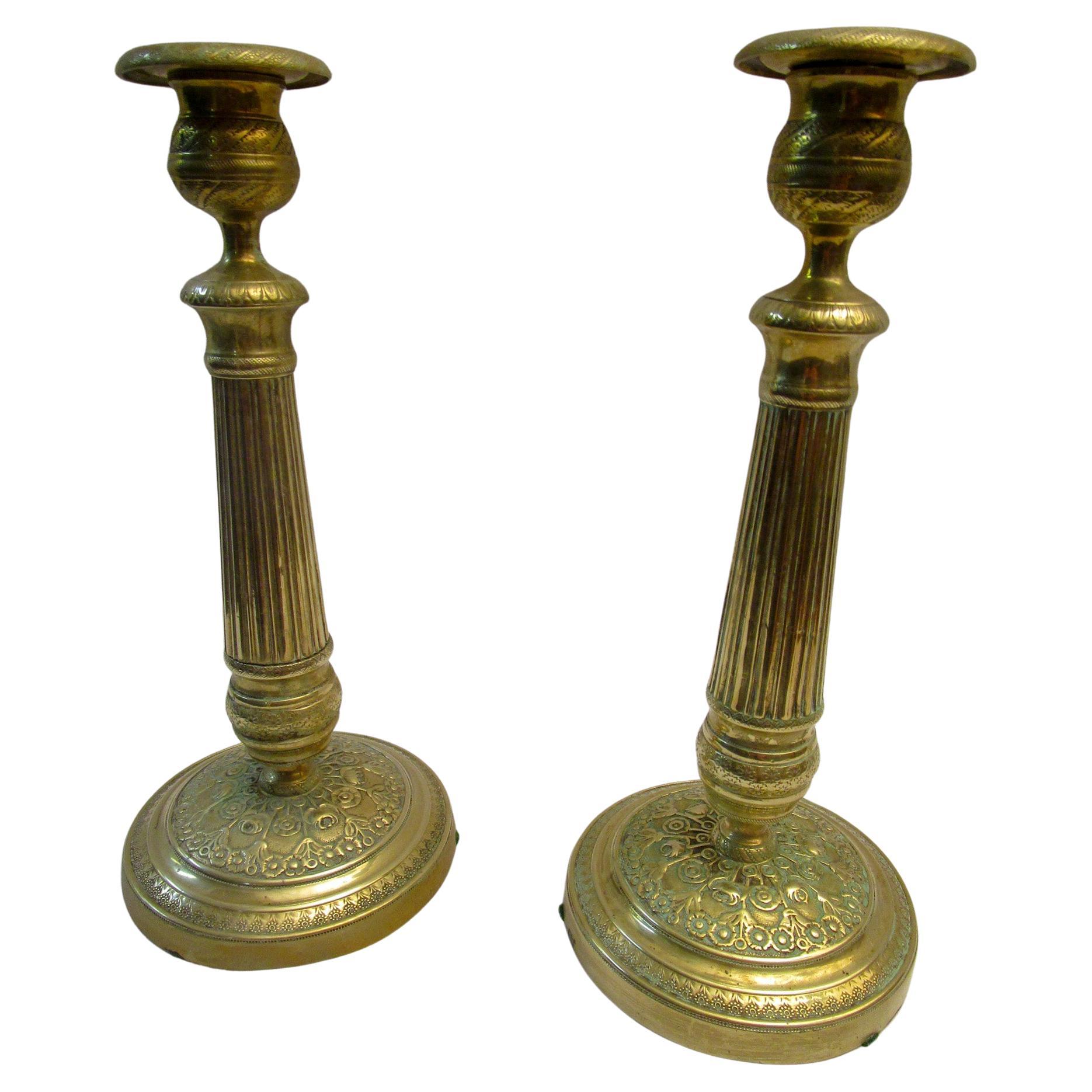 19th Century Gold French Empire Pair of Embossed Brass Candlesticks For Sale