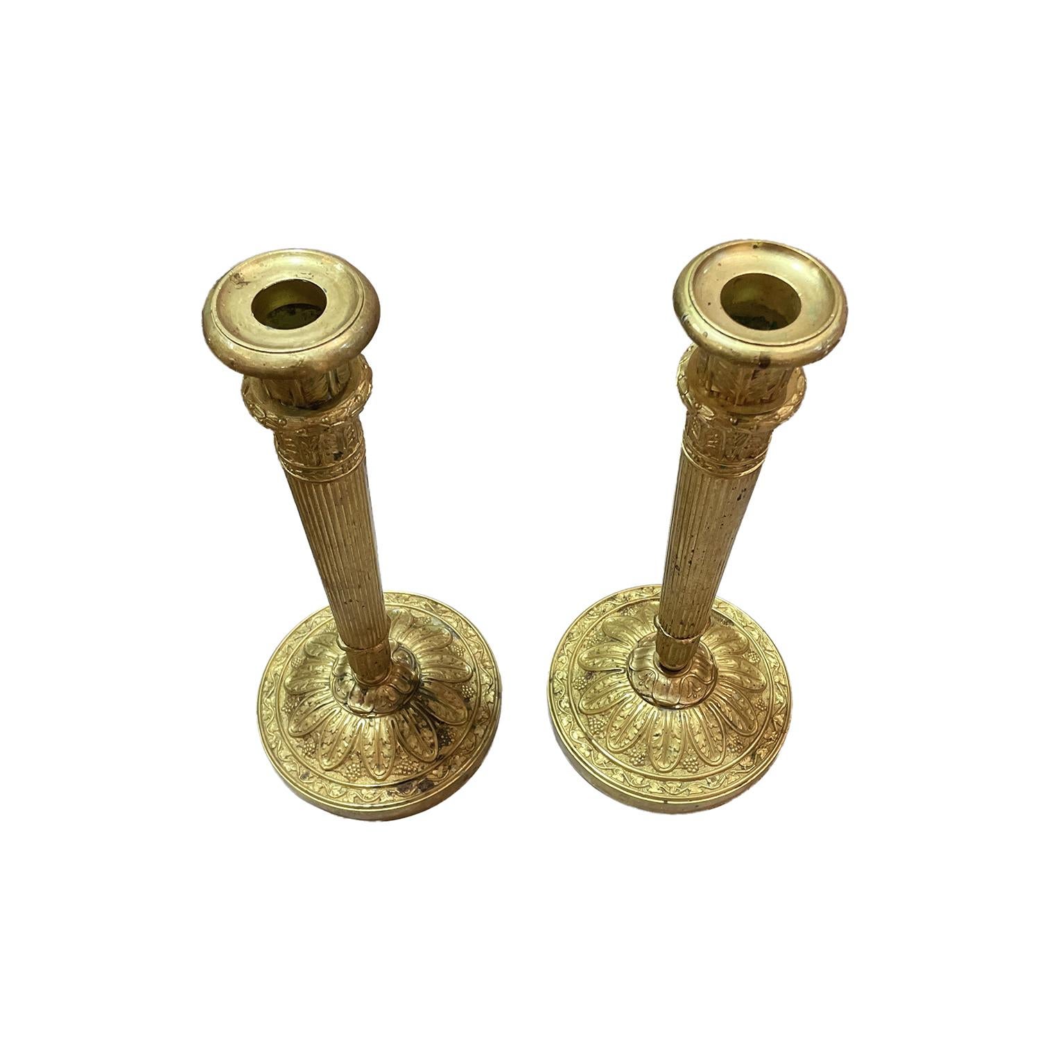 19th Century Gold French Empire Pair of Gilded Bronze Candle Holders, Sticks In Good Condition For Sale In West Palm Beach, FL
