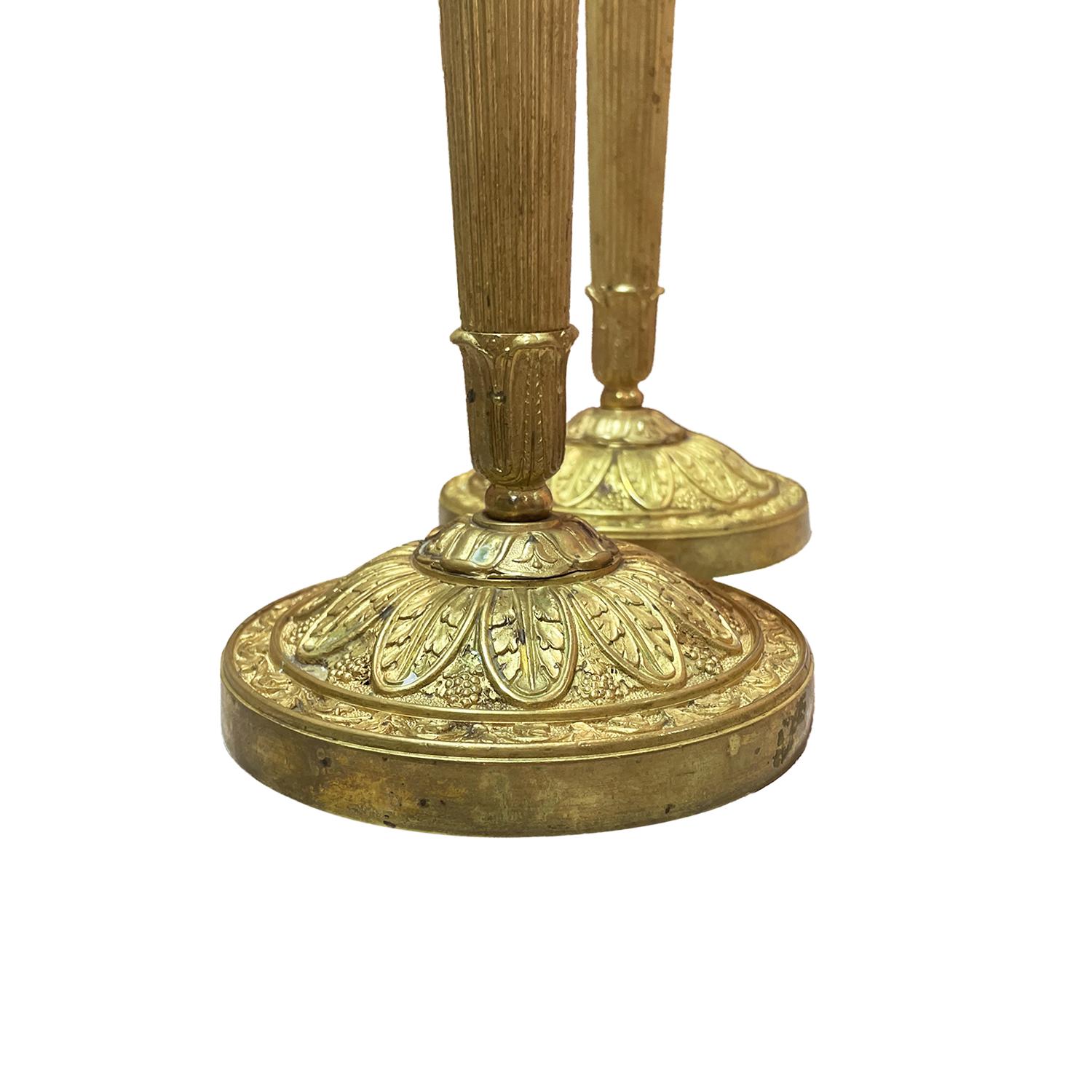 Metal 19th Century Gold French Empire Pair of Gilded Bronze Candle Holders, Sticks For Sale