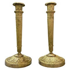 Antique 19th Century Gold French Empire Pair of Gilded Bronze Candle Holders, Sticks