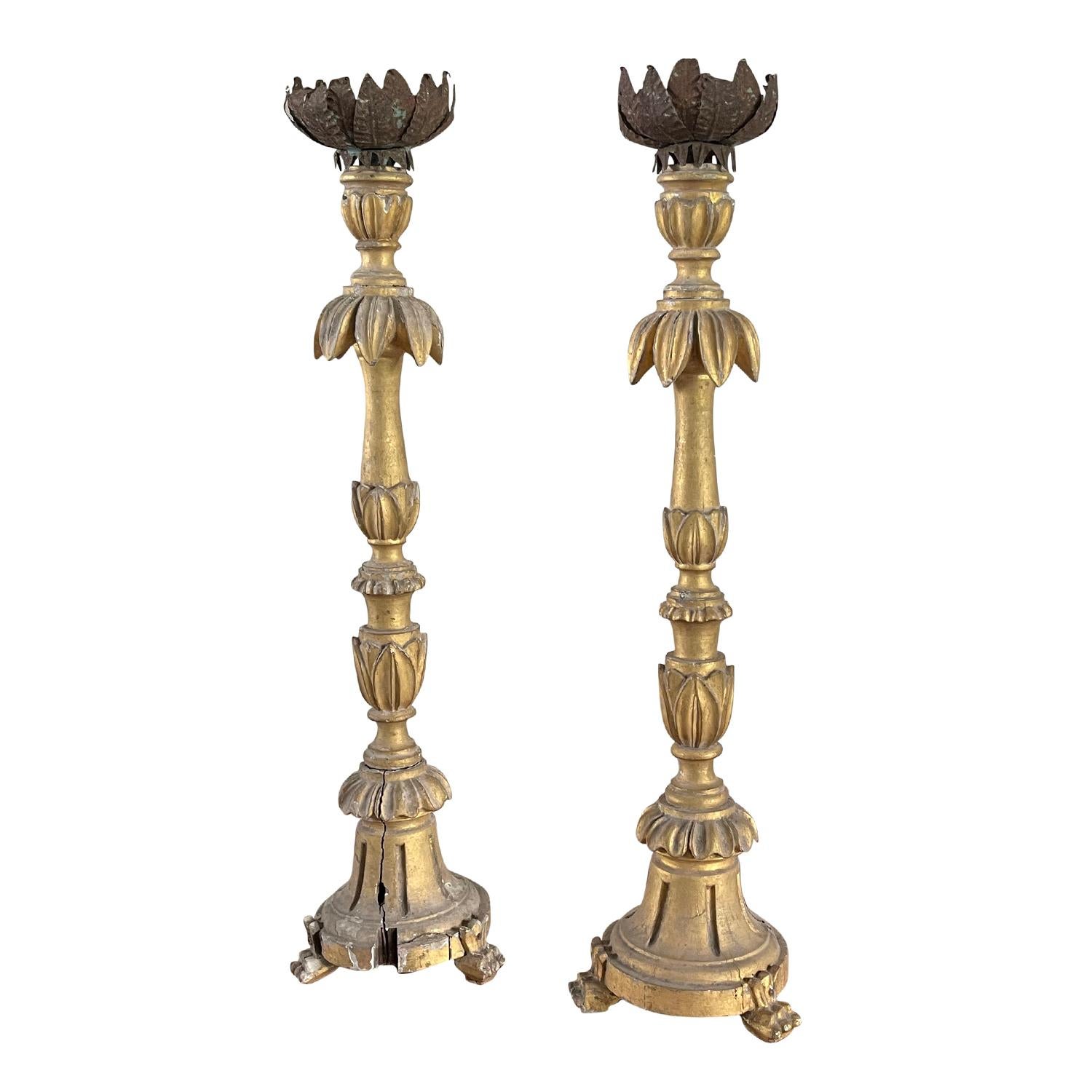 19th Century Gold French Pair of Antique Gilded Pinewood Candle Holders In Good Condition For Sale In West Palm Beach, FL