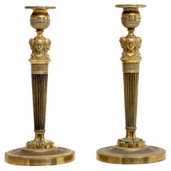 19th Century Gold French Pair of Bronze Candlesticks, Antique Table Décor