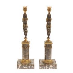 19th Century French Pair of Bronze Egyptian Candle Holders - Marble Sticks