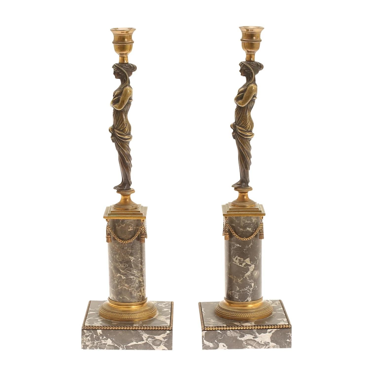 Empire 19th Century Gold French Pair of Bronze Egyptian Candle Holders, Marble Sticks For Sale