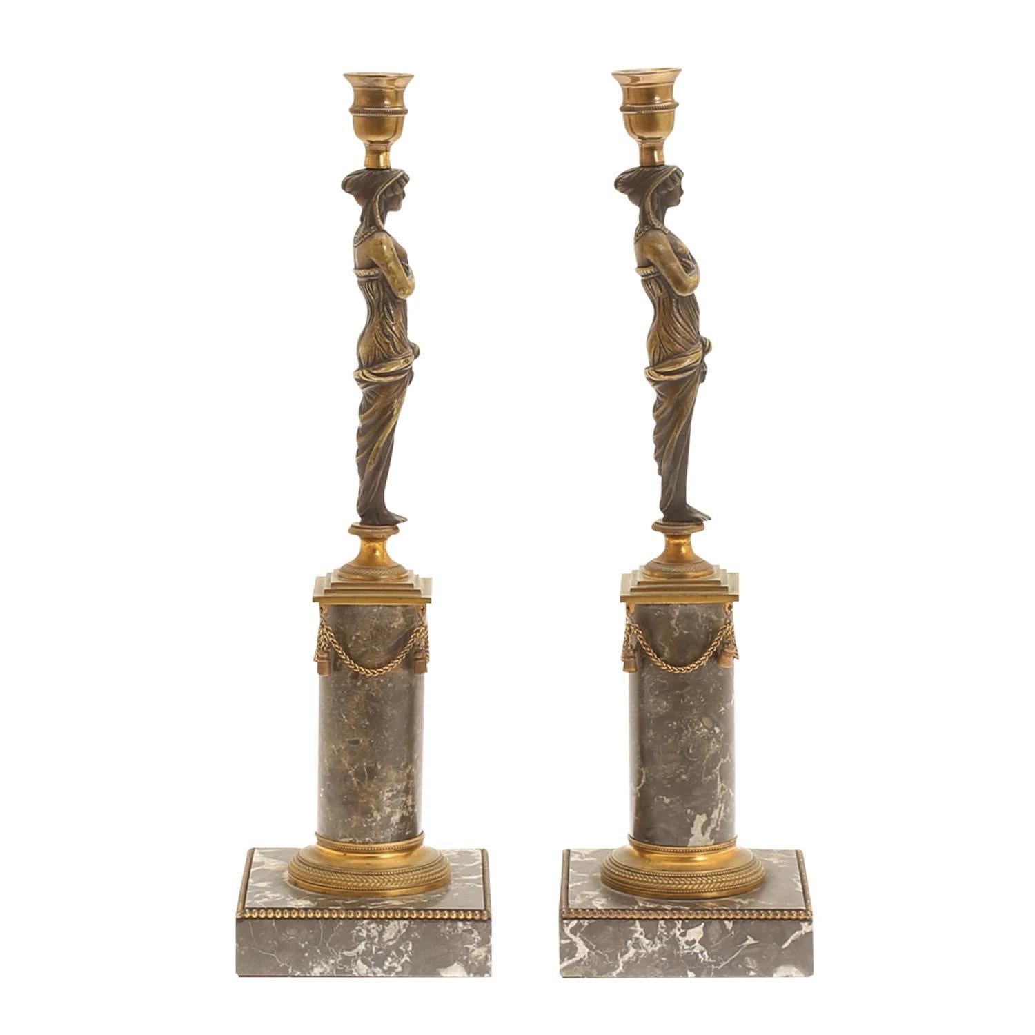 Patinated 19th Century Gold French Pair of Bronze Egyptian Candle Holders, Marble Sticks For Sale