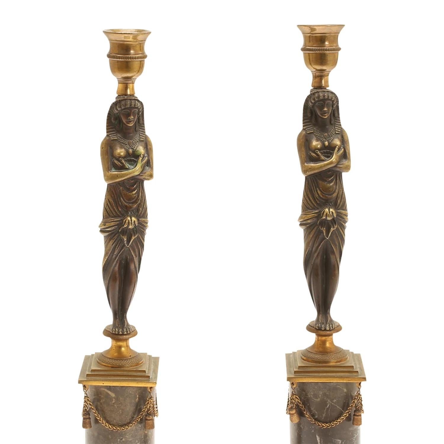 19th Century Gold French Pair of Bronze Egyptian Candle Holders, Marble Sticks In Good Condition For Sale In West Palm Beach, FL