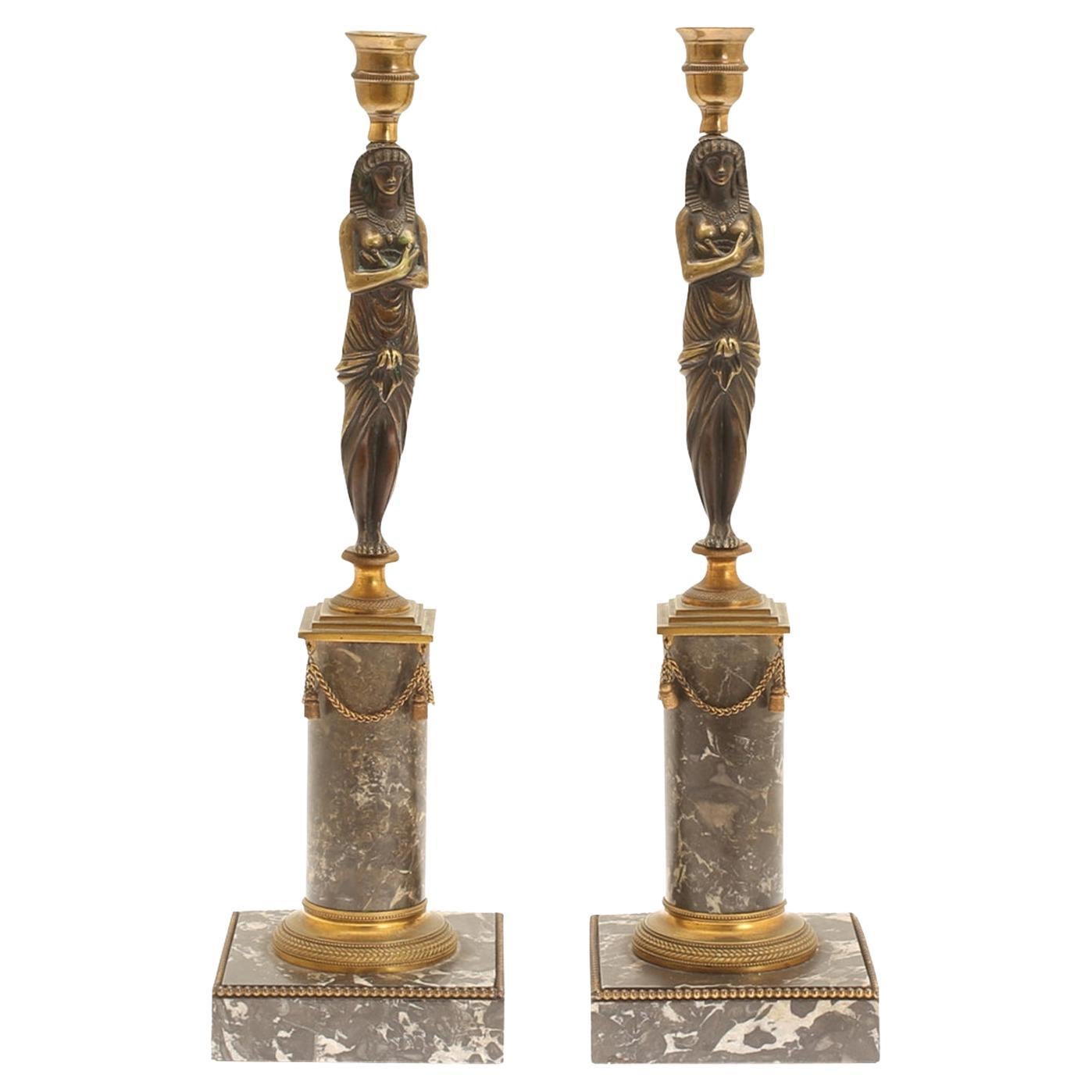 19th Century Gold French Pair of Bronze Egyptian Candle Holders, Marble Sticks For Sale