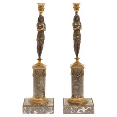Antique 19th Century Gold French Pair of Bronze Egyptian Candle Holders, Marble Sticks