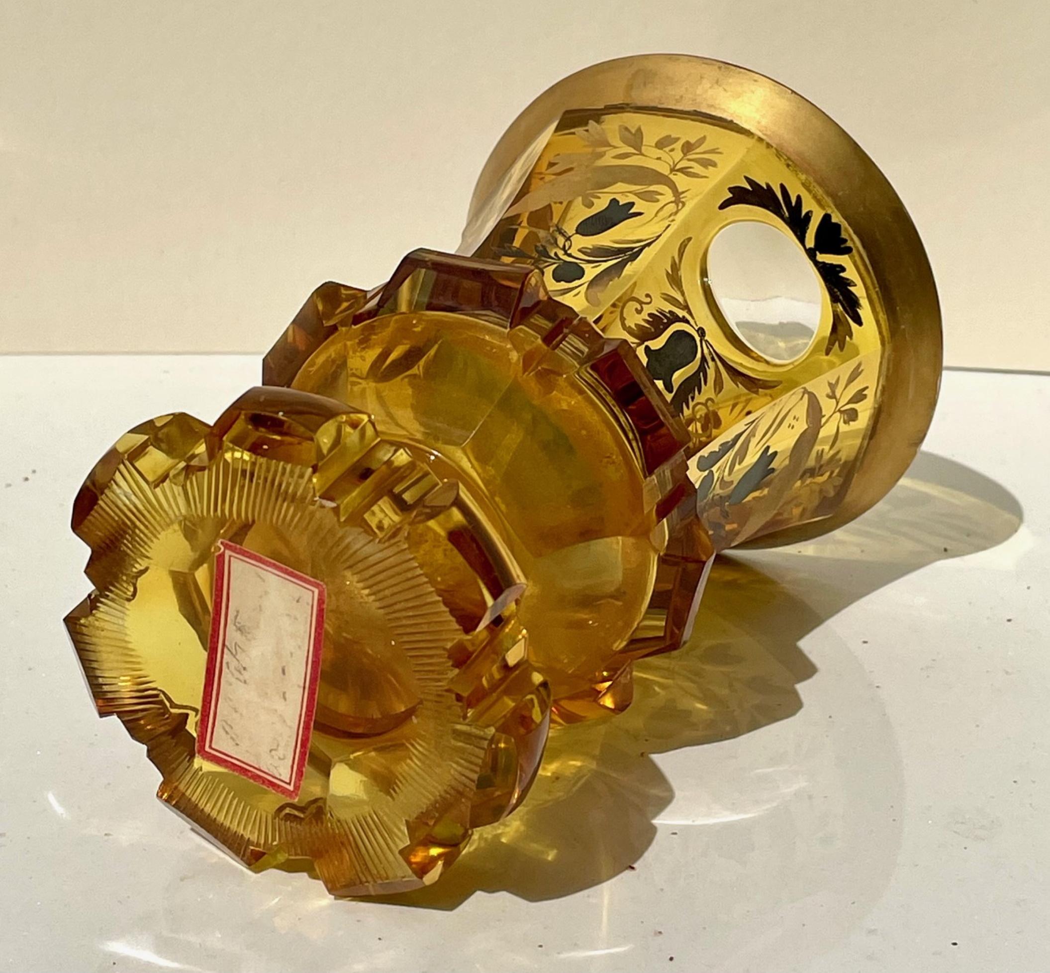 Cut Glass 19th Century Gold Gilded Bohemian Amber Glass Enamel Cut Goblet