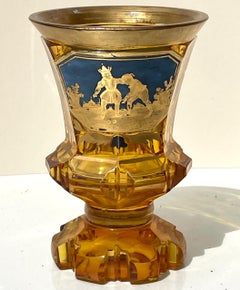 19th Century Gold Gilded Bohemian Amber Glass Enamel Cut Goblet