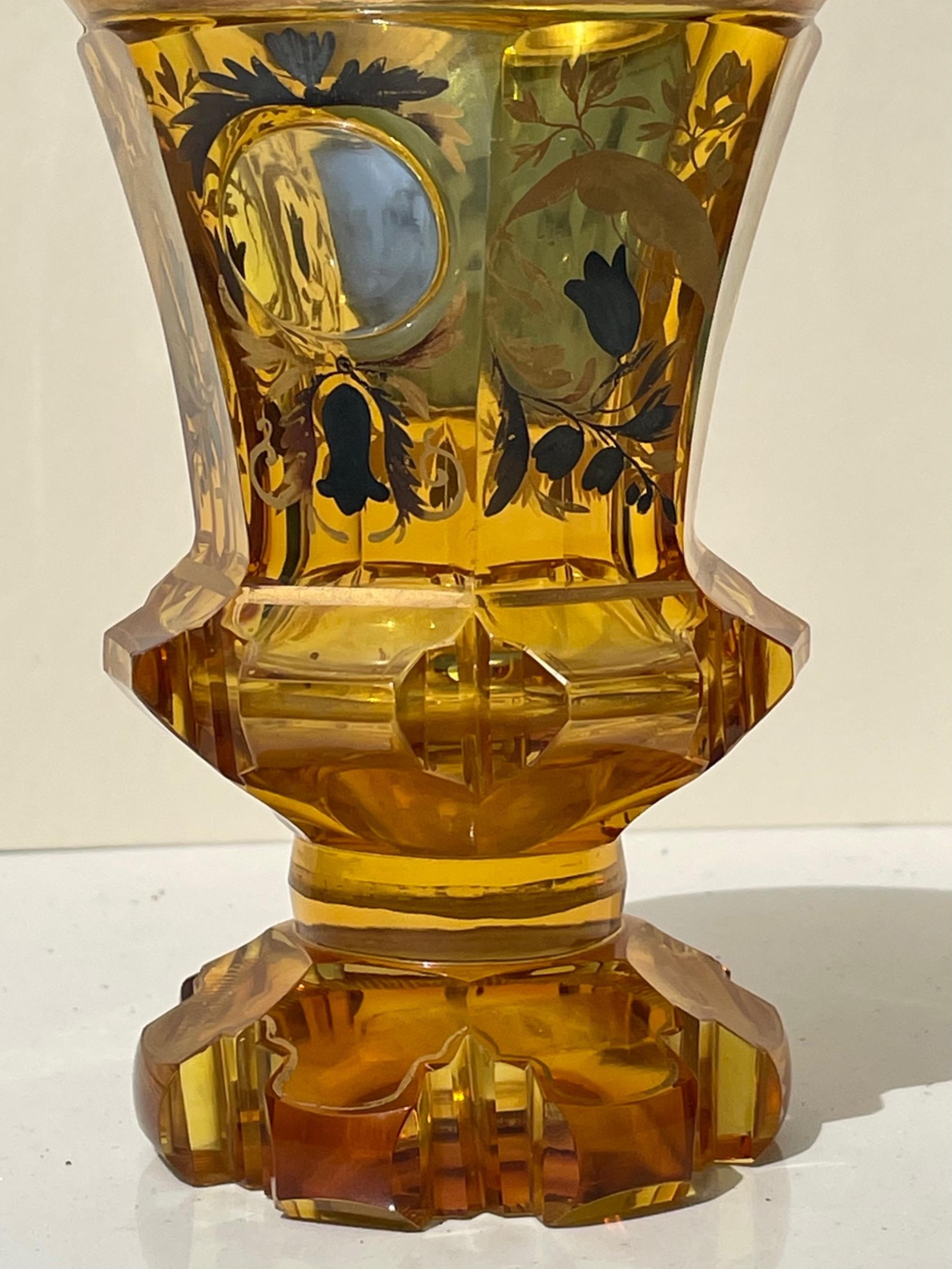 Biedermeier 19th Century Gold Gilded Bohemian Amber Glass Enamel Cut Goblet