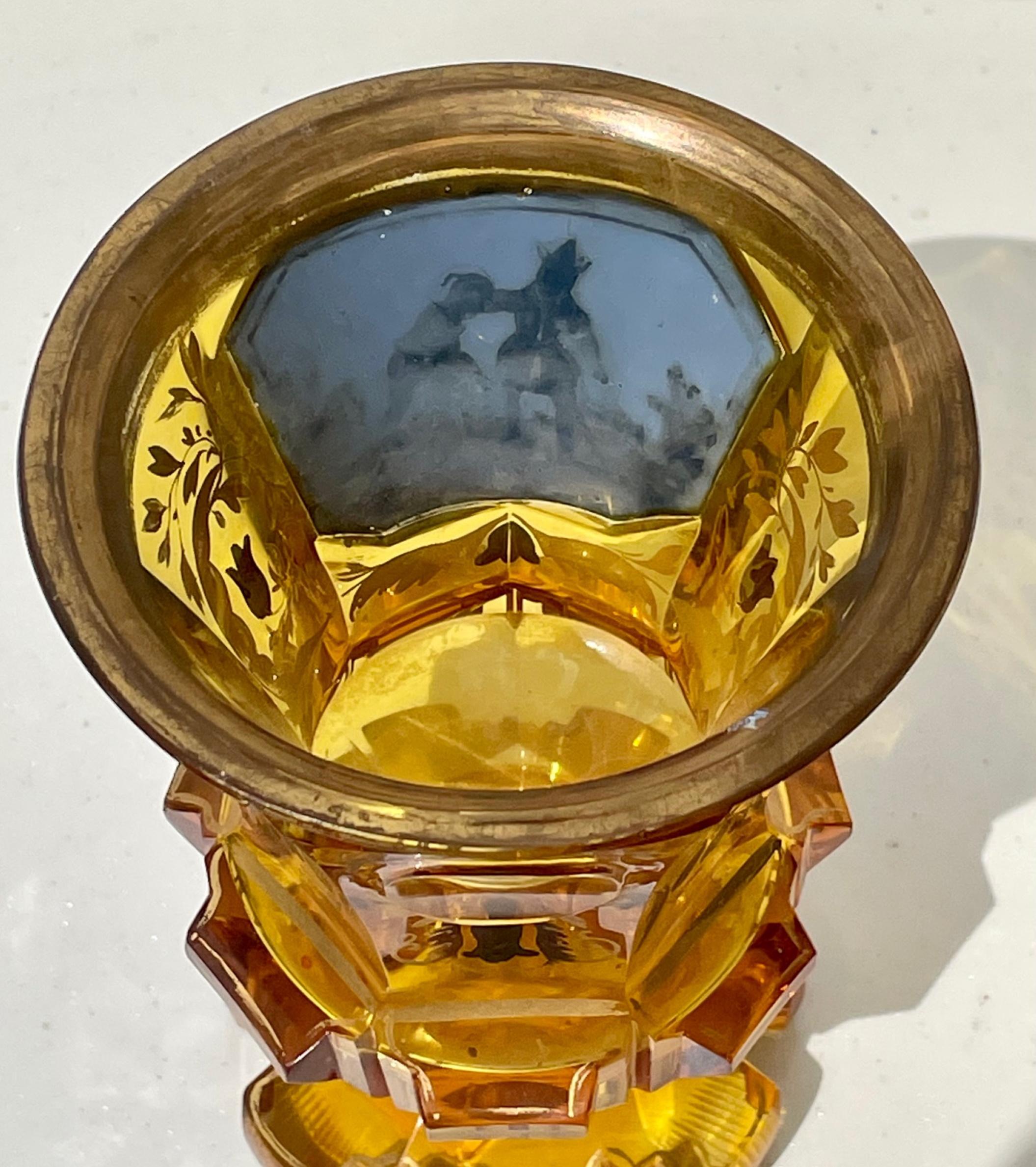 German 19th Century Gold Gilded Bohemian Amber Glass Enamel Cut Goblet