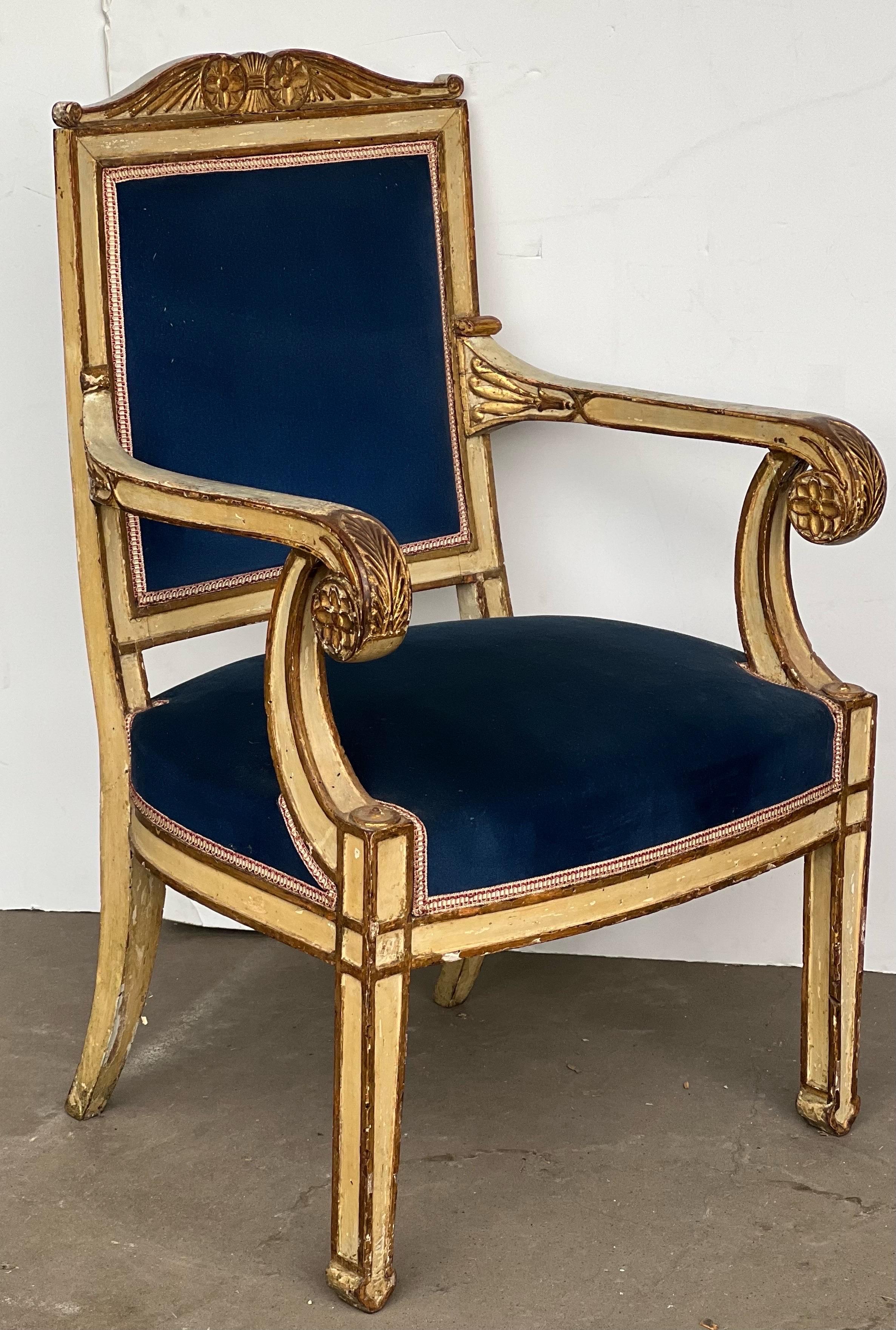 Here is a beautiful Empire chair that we purchased in Naples, Italy. This is a classic style, with a fun pop of color with blue velvet that can be left as is or can be reupholstered to your liking. The patina and gold gilt are to die for that is
