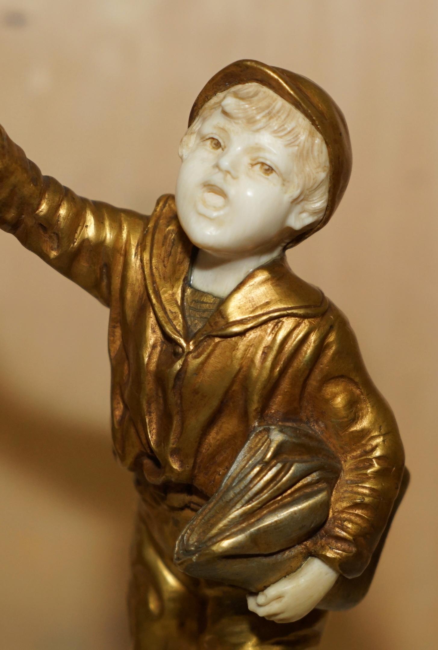 Victorian 19TH CENTURY GOLD GILT BRONZE DEMETRE H CHIPARUS SiGNED NEWSPAPER BOY STATUE For Sale