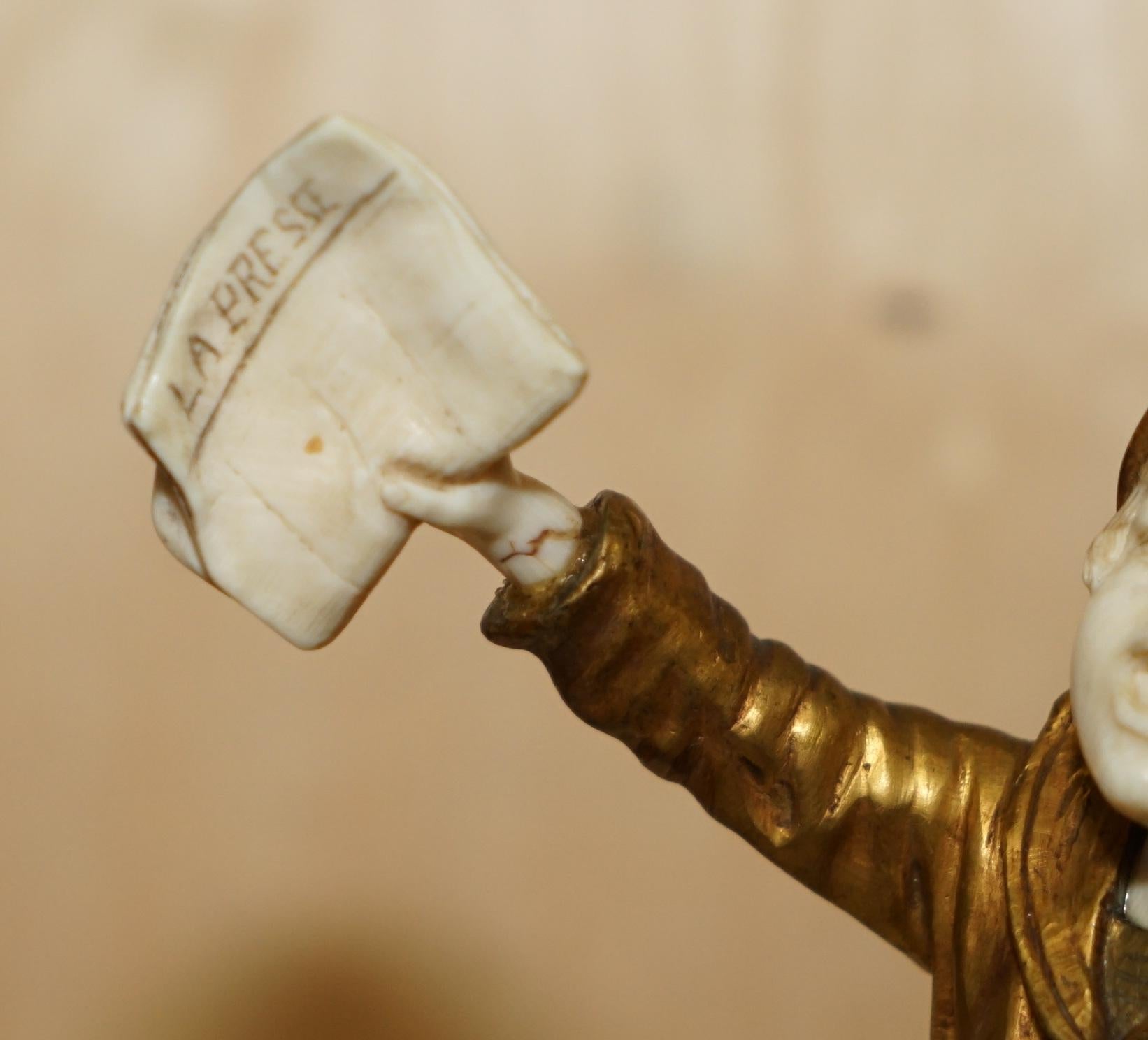 French 19TH CENTURY GOLD GILT BRONZE DEMETRE H CHIPARUS SiGNED NEWSPAPER BOY STATUE For Sale