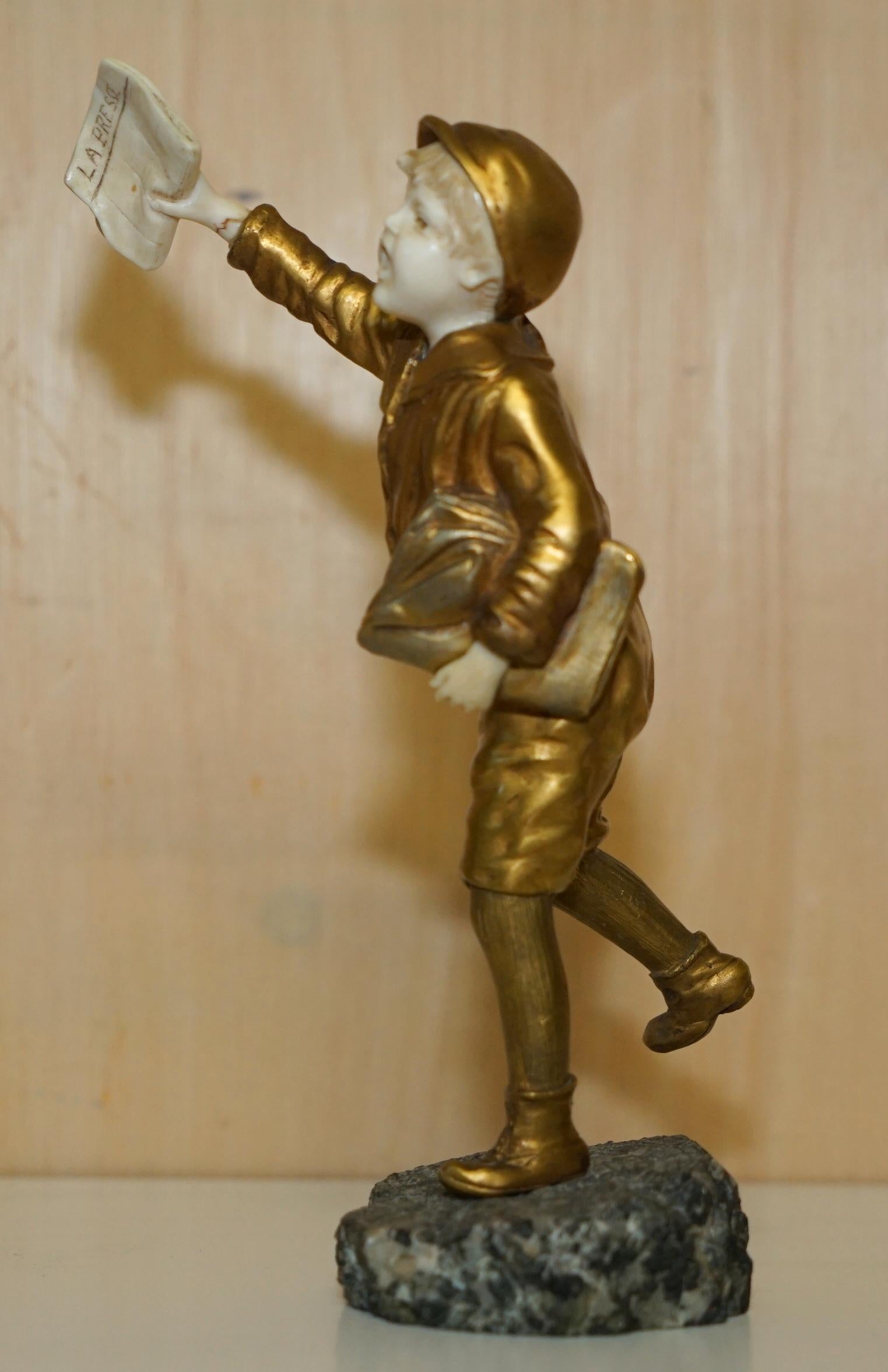 Bronze 19TH CENTURY GOLD GILT BRONZE DEMETRE H CHIPARUS SiGNED NEWSPAPER BOY STATUE For Sale