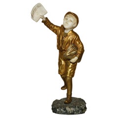 19TH CENTURY GOLD GILT BRONZE DEMETRE H CHIPARUS SiGNED NEWSPAPER BOY STATUE