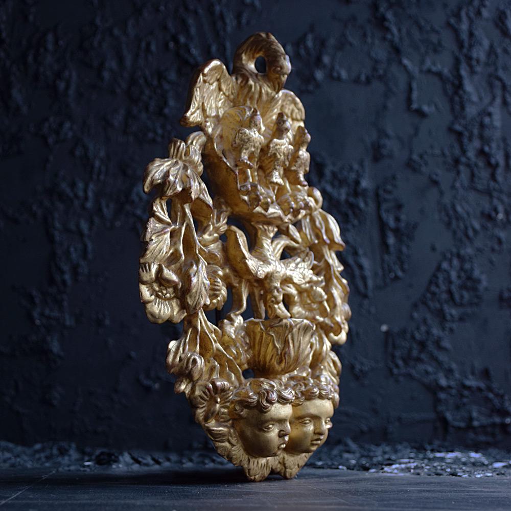 Hand-Carved 19th Century Gold Gilt Carved Holy Water For Sale