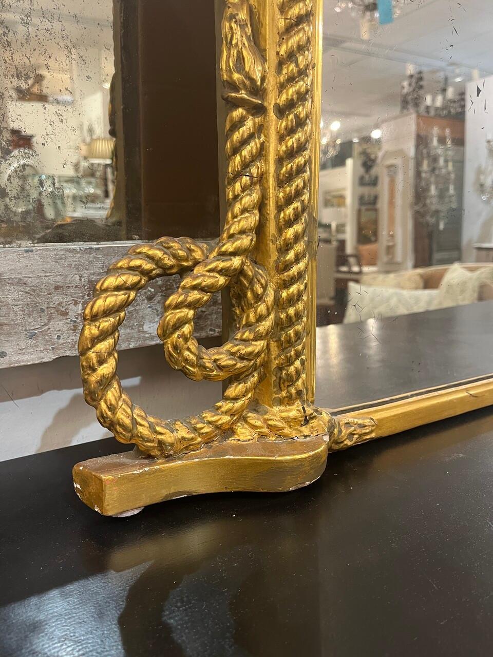 Gesso 19th Century Gold Gilt Rope and Bow Motif Mirror For Sale