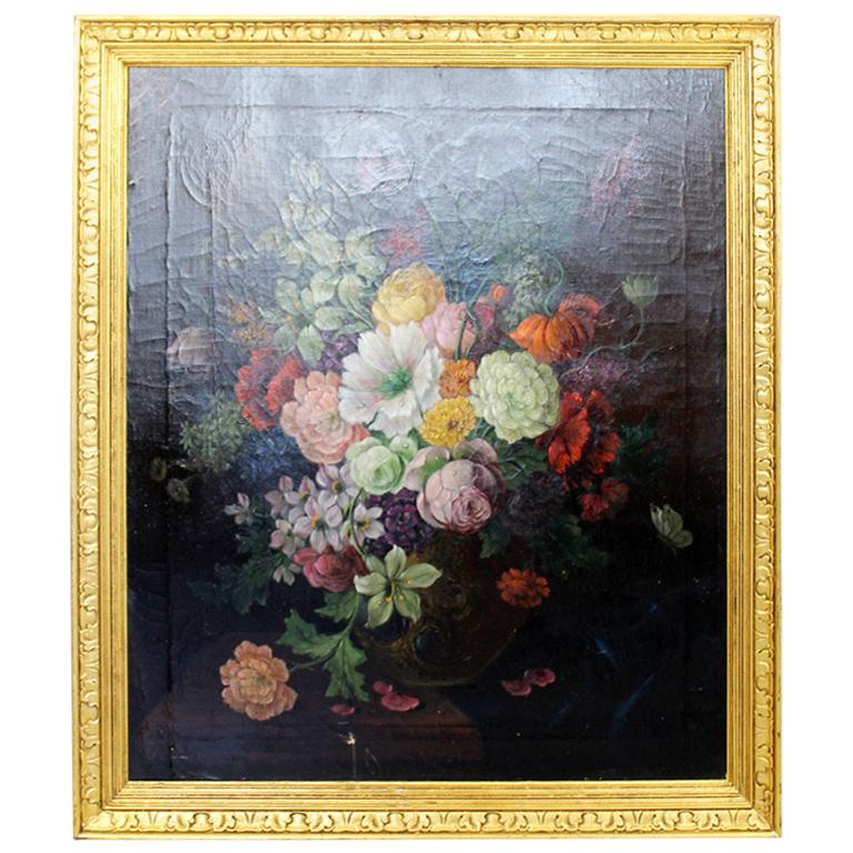 19th Century Gold Giltwood Framed Floral Still Life Oil on Canvas Painting