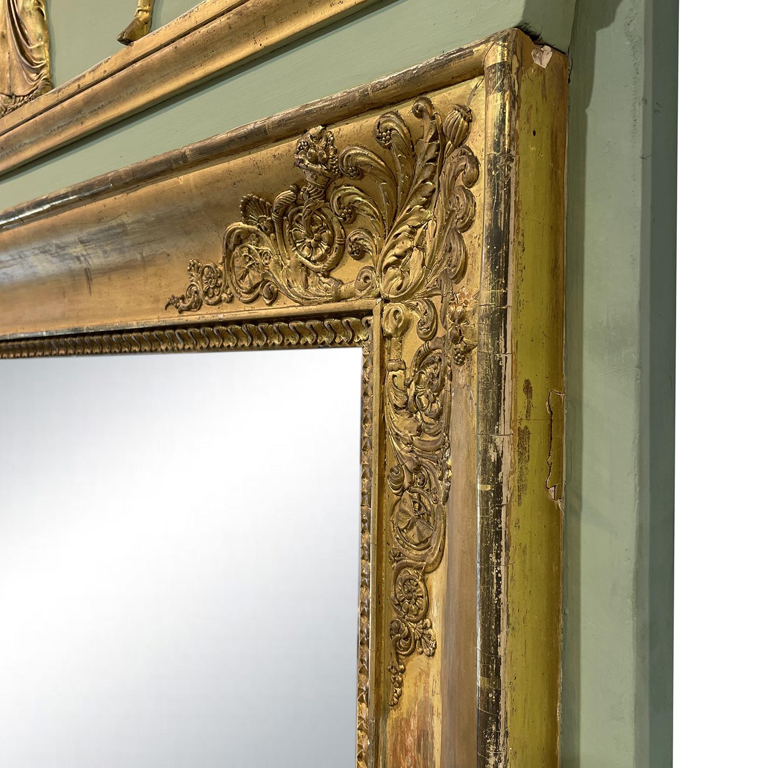 Empire 19th Century Gold-Green French Antique Giltwood Trumeau Mirror, Wall Decor