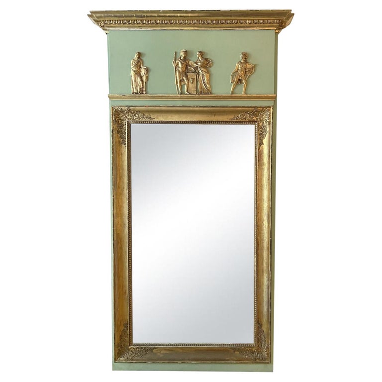 19th Century GoldGreen French Antique Giltwood Trumeau Mirror Wall