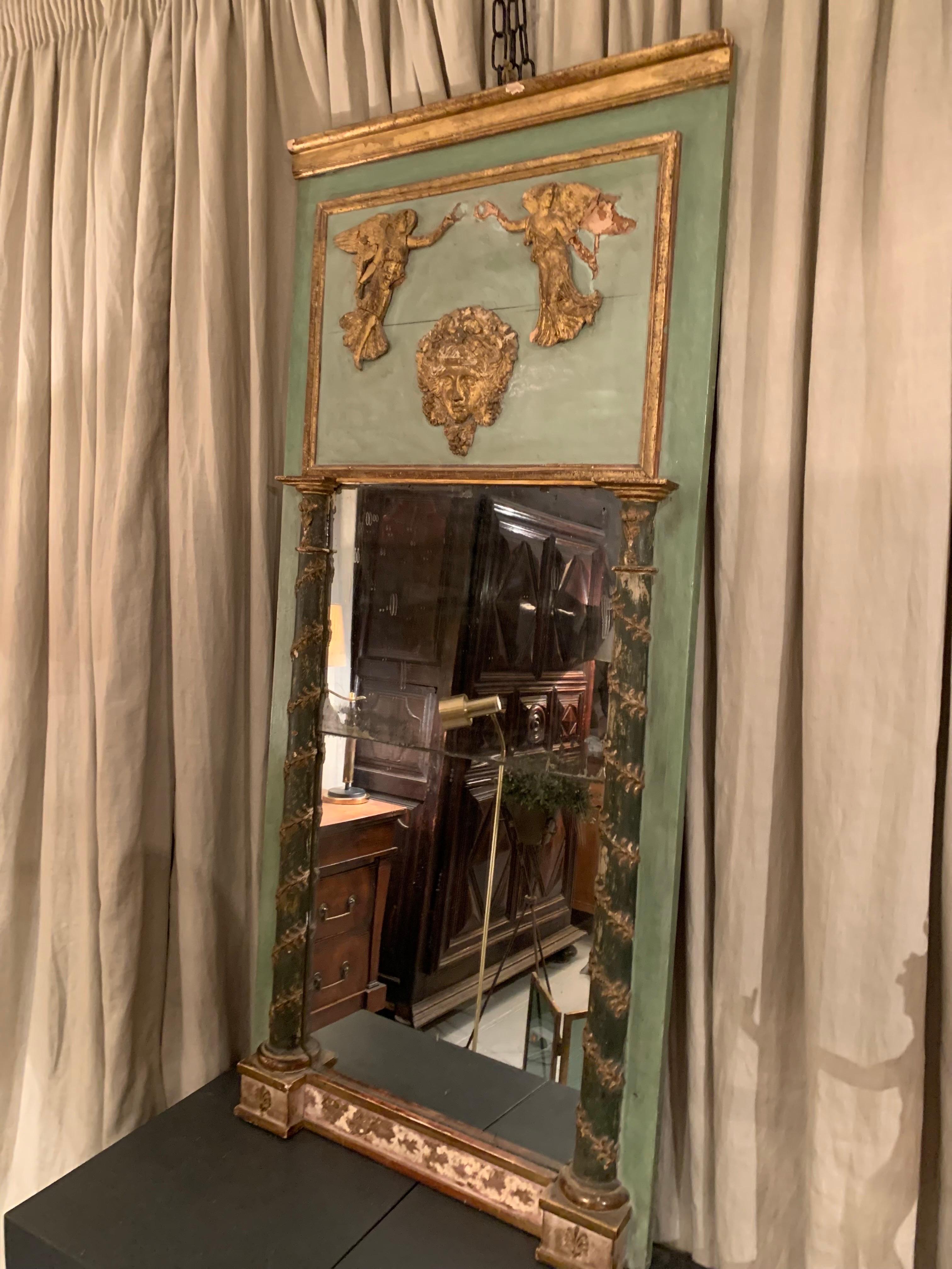19th Century Gold Green Painted  Giltwood Empire Trumeau Mirror For Sale 8