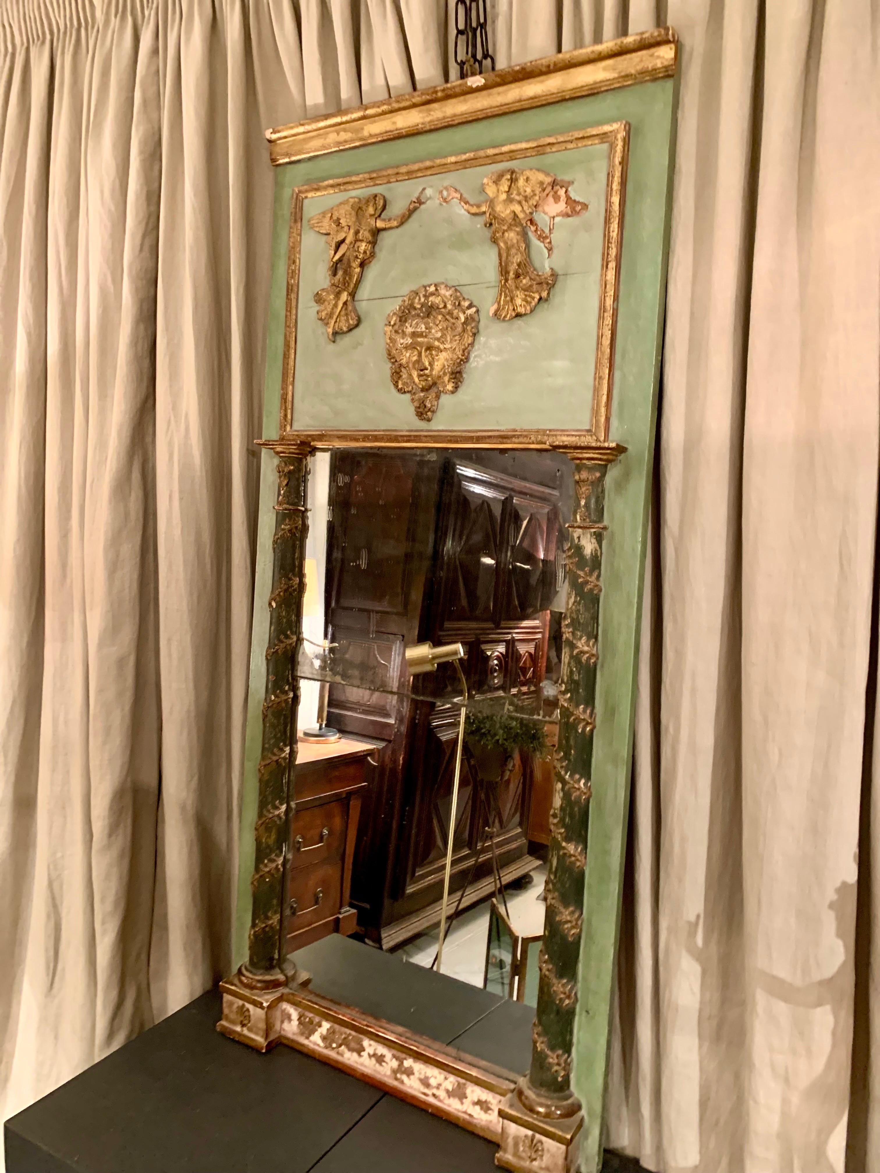 19th Century Gold Green Painted  Giltwood Empire Trumeau Mirror For Sale 14