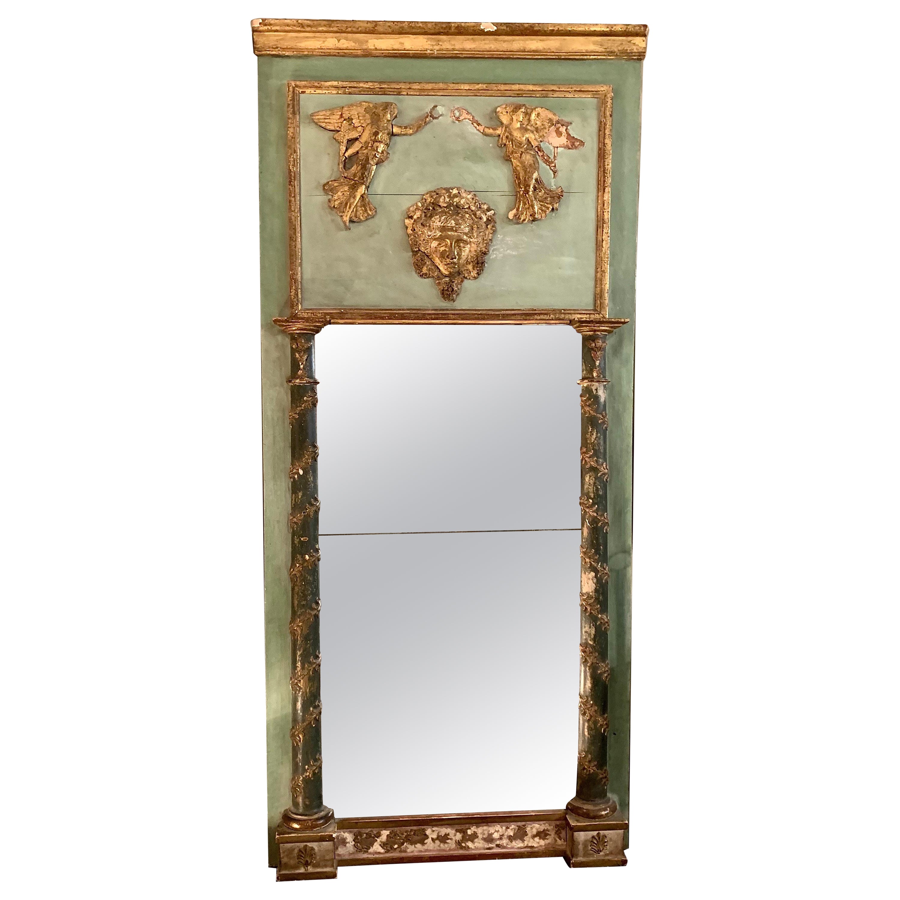 Siglo XIX Pintado en verde dorado  Espejo Trumeau Imperio Giltwood
