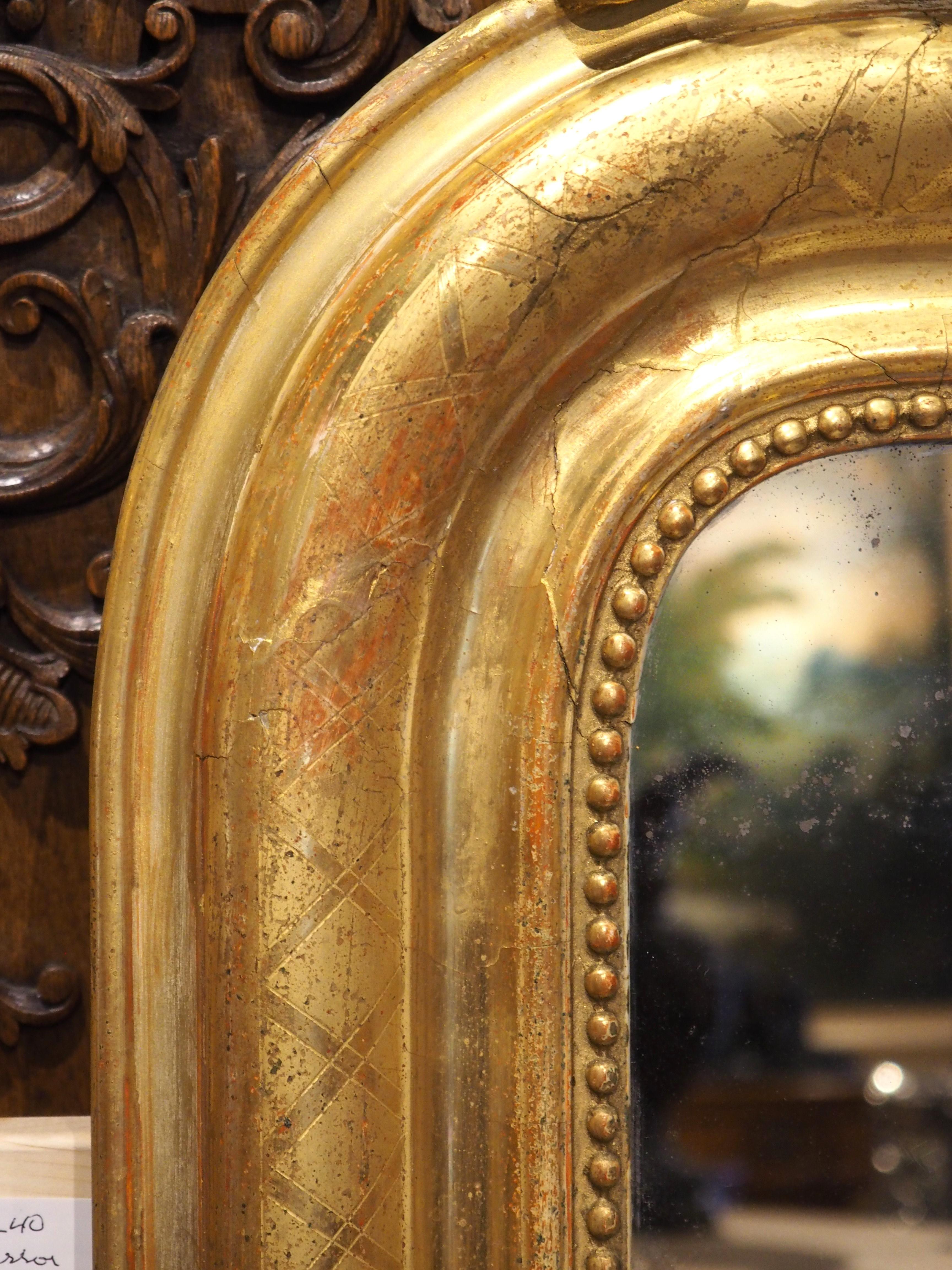 19th Century Gold Louis Philippe Mirror with Beading and Ribboned Cartouche 8